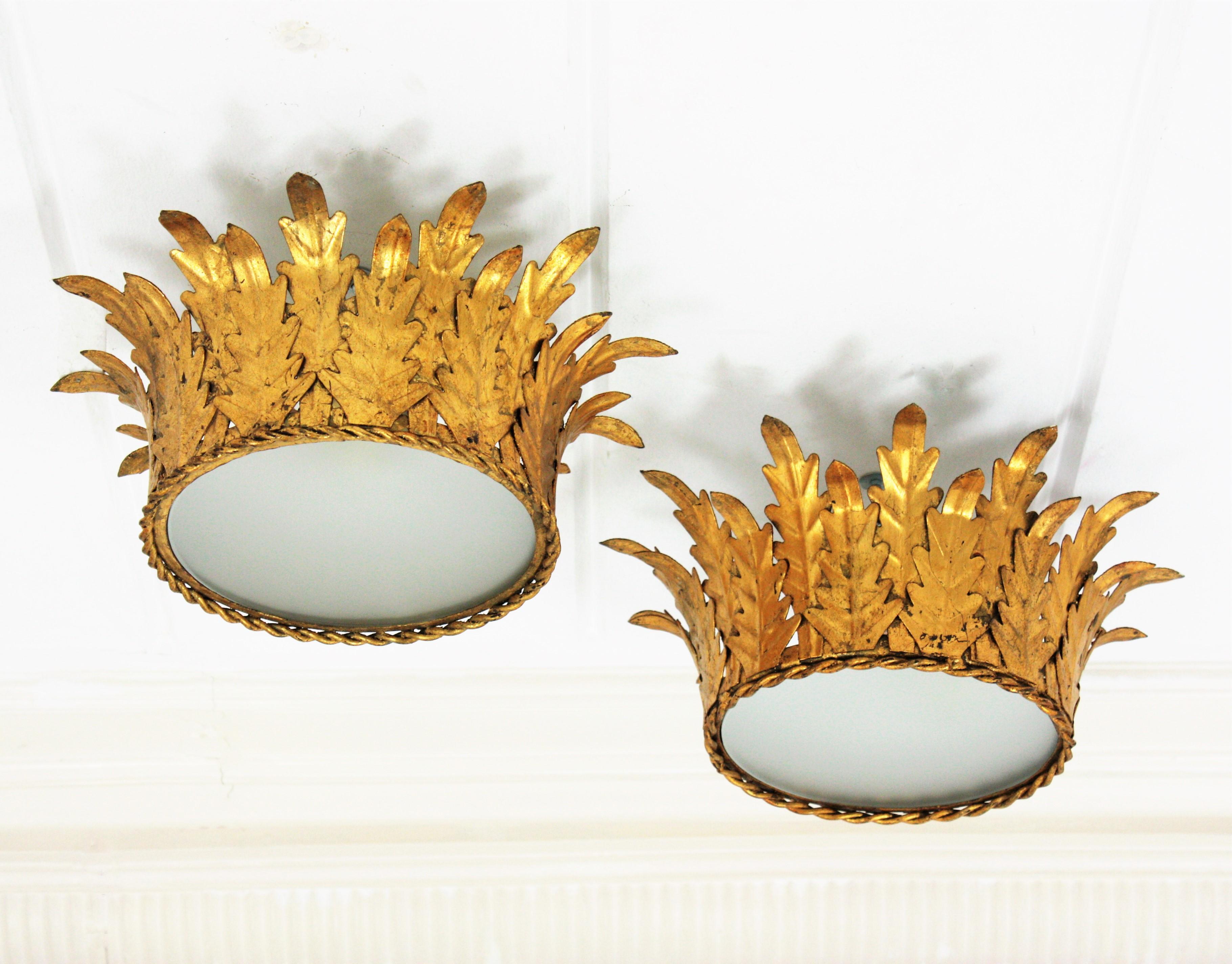 Pair of Crown Foliage Ceiling Light Fixtures in Gilt Iron and Frosted Glass 2