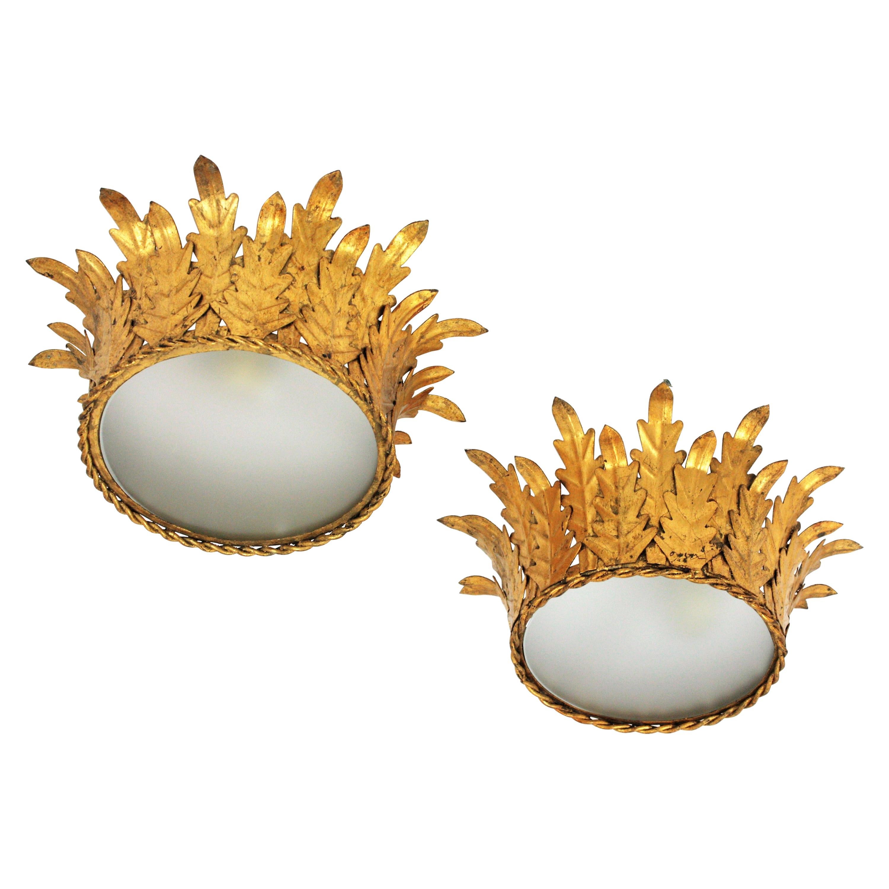 Pair of Crown Foliage Ceiling Light Fixtures in Gilt Iron and Frosted Glass