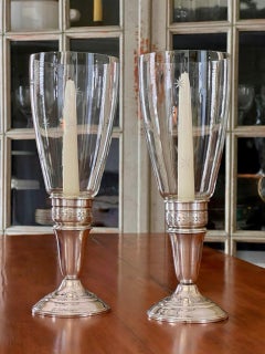 Pair of Crown Sterling Silver Candlesticks with Etched Glass Hurricanes
