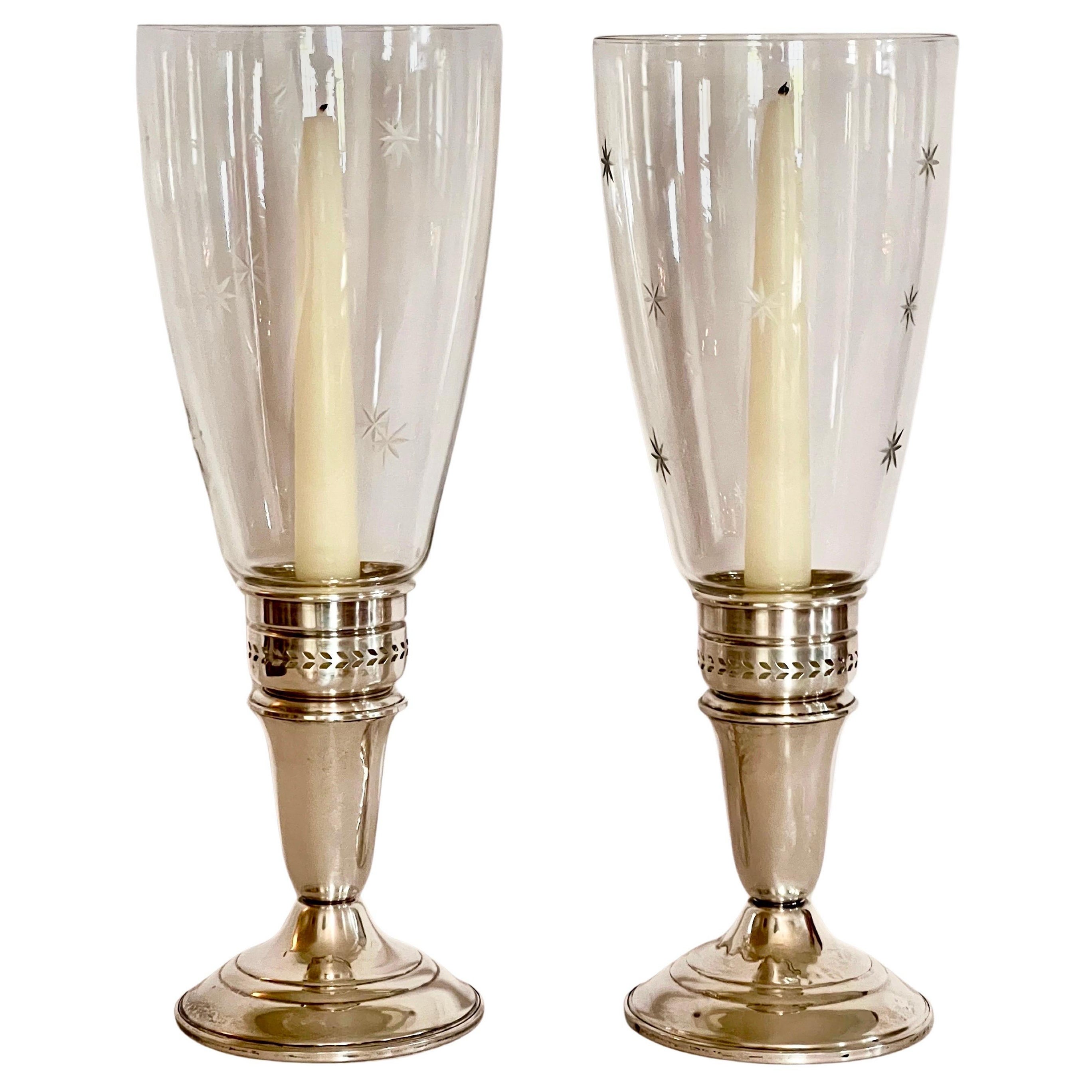 Pair of Crown Sterling Silver Candlesticks with Etched Glass Hurricanes