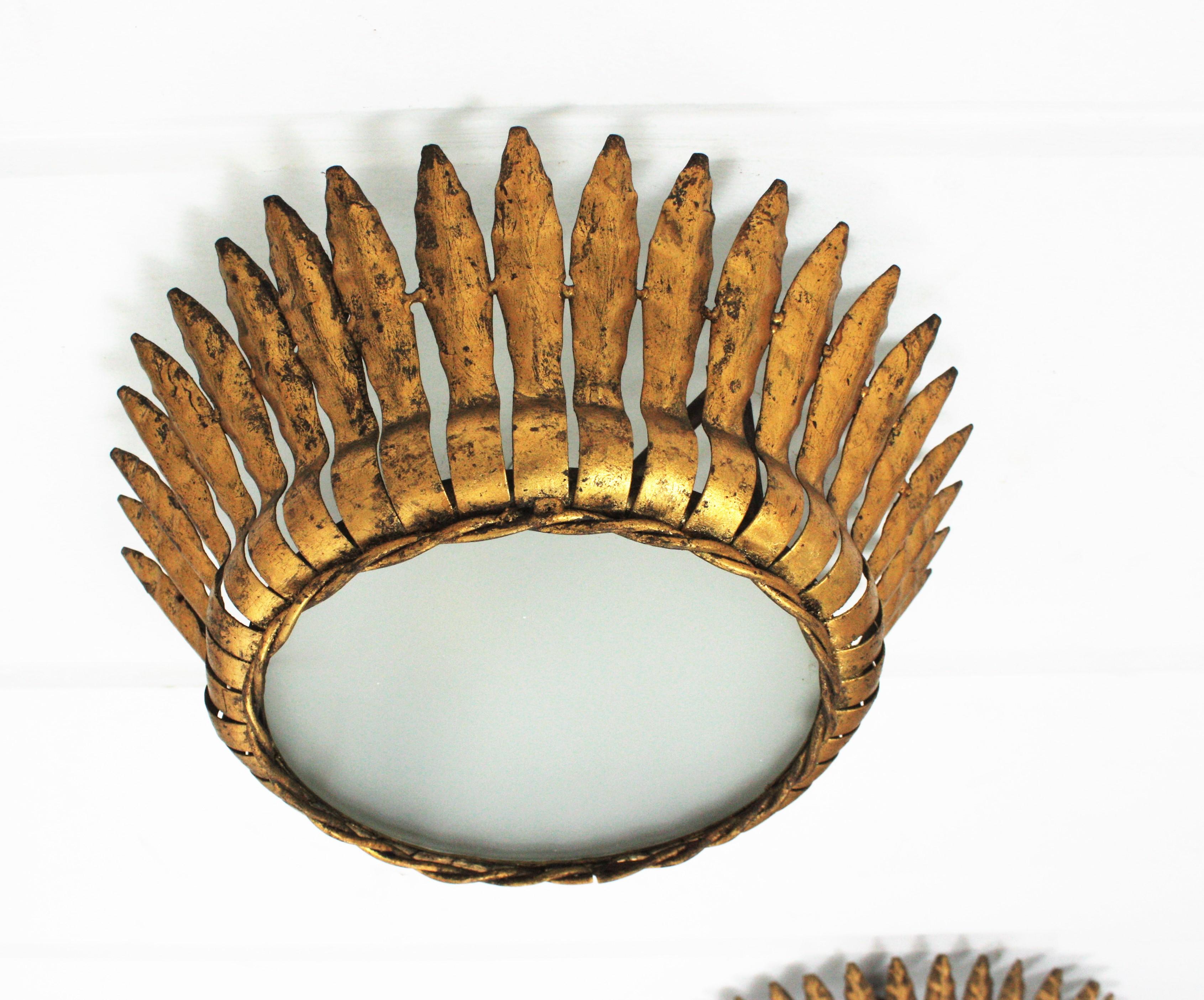 Pair of Crown Sunburst Light Fixtures or Pendants in Gilt Metal, 1950s 5