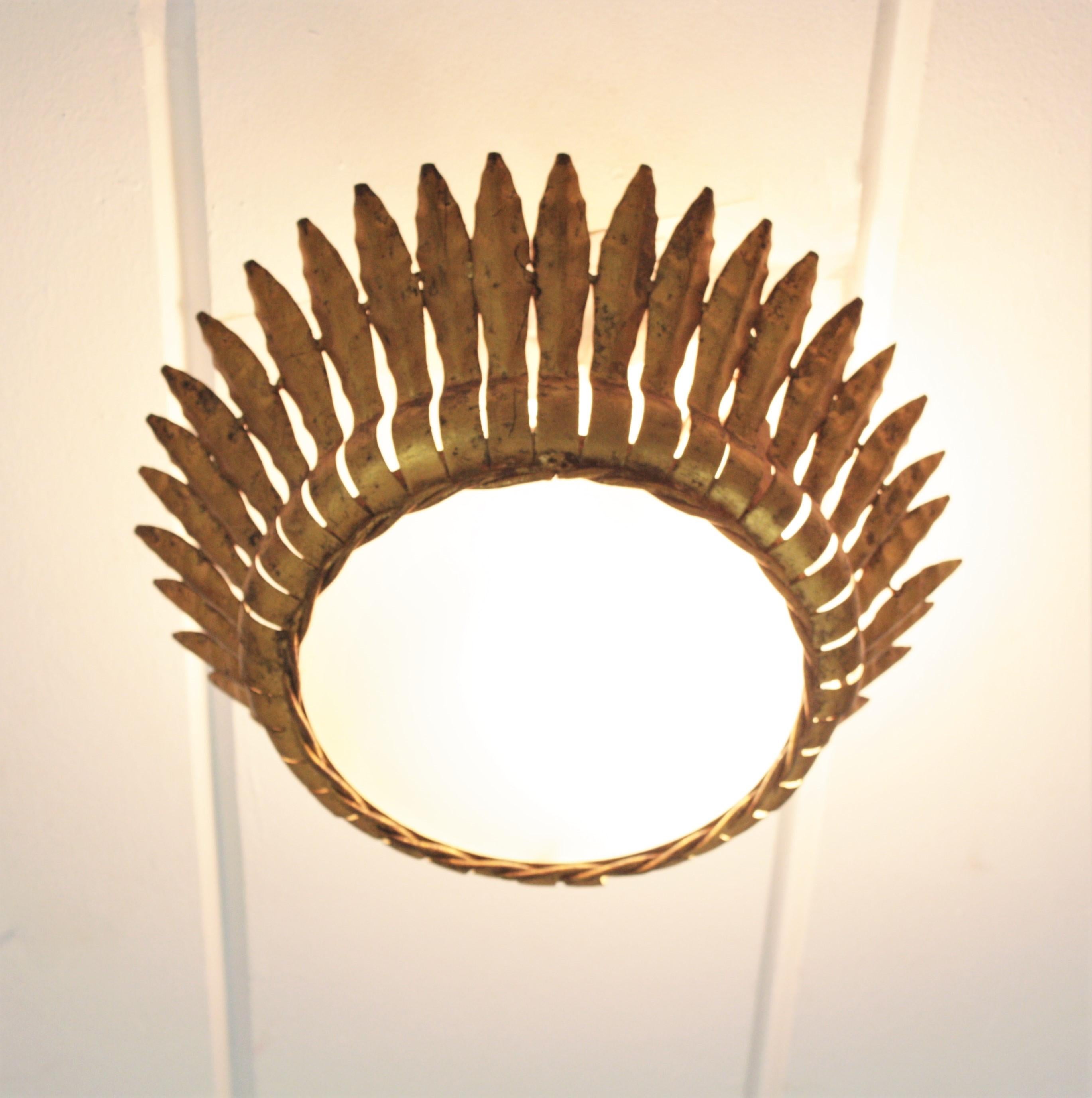 Pair of Crown Sunburst Light Fixtures or Pendants in Gilt Metal, 1950s 10