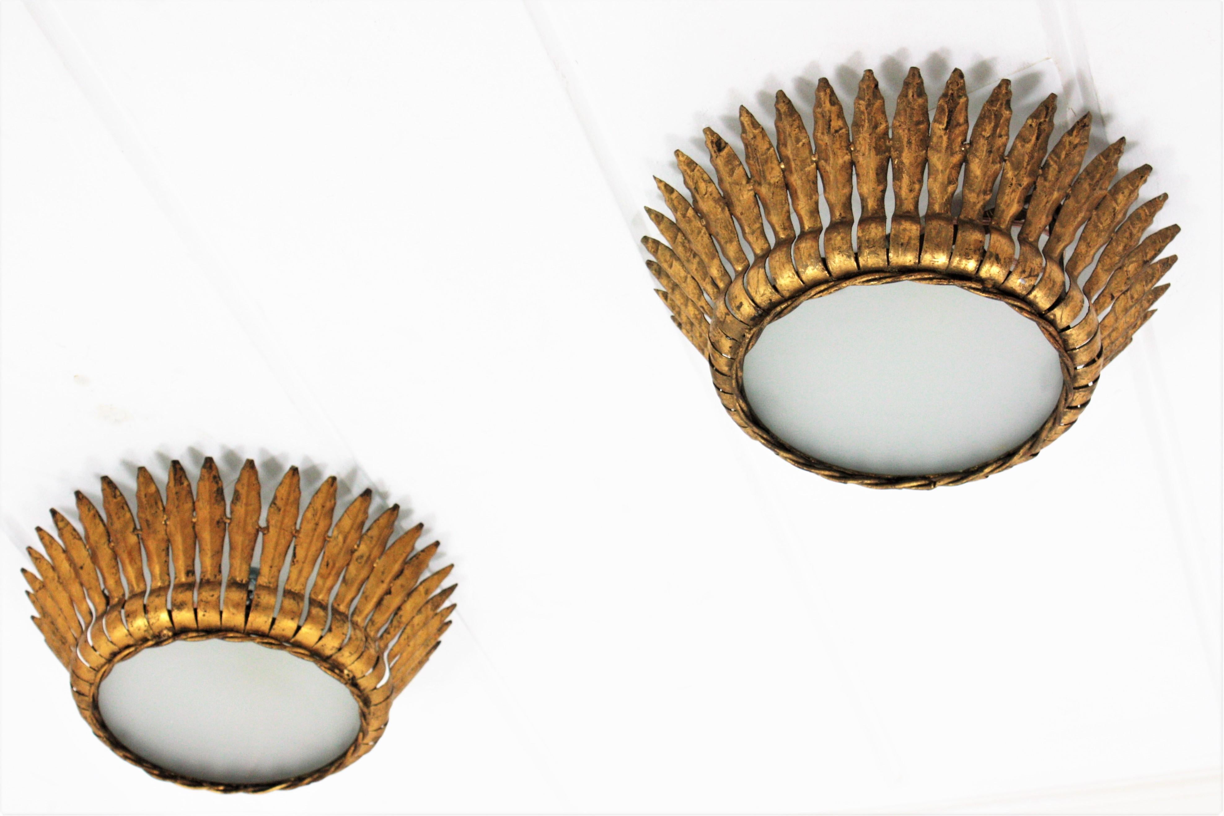 Pair of Crown Sunburst Light Fixtures or Pendants in Gilt Metal, 1950s In Good Condition In Barcelona, ES