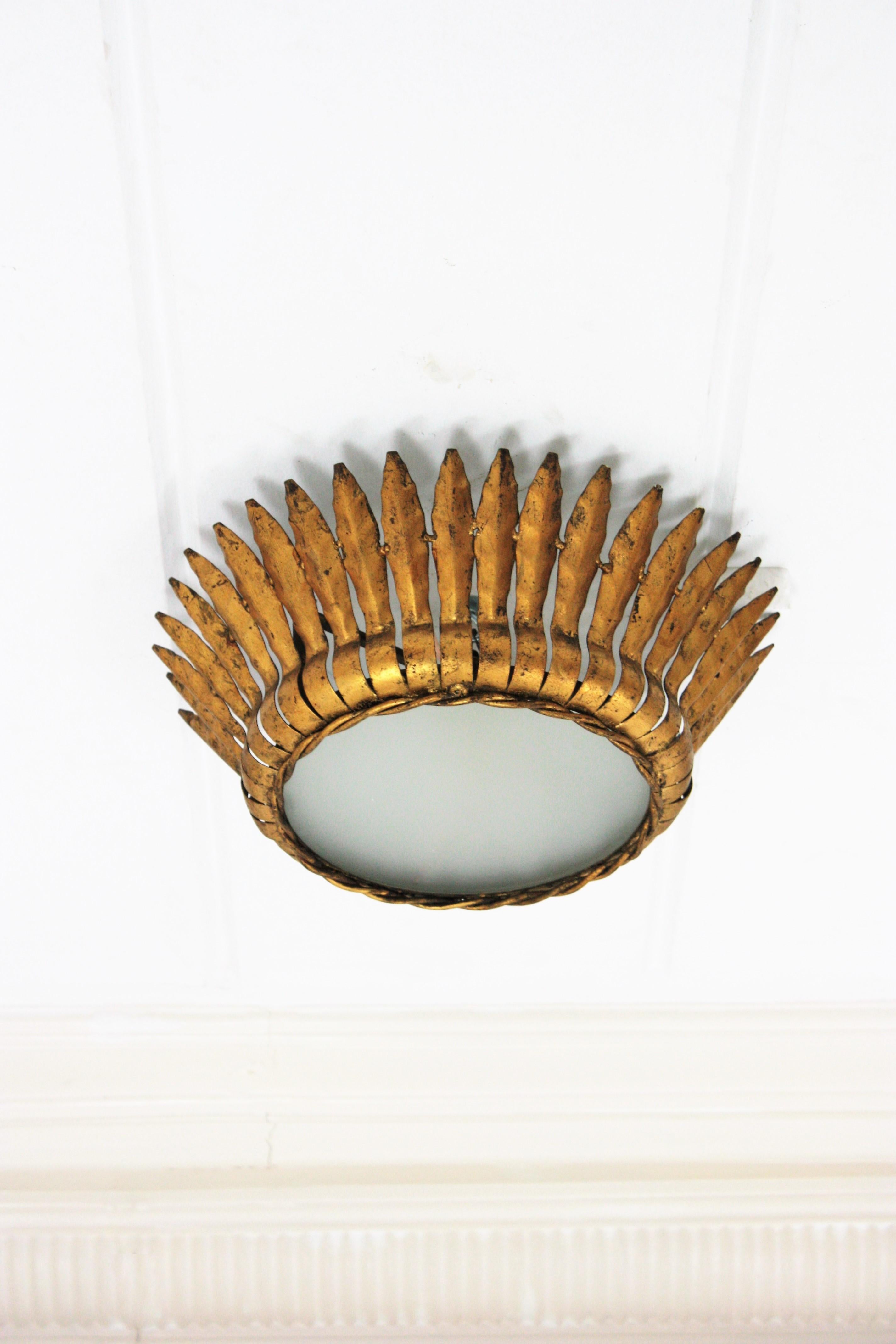 Mirror Pair of Crown Sunburst Light Fixtures or Pendants in Gilt Metal, 1950s