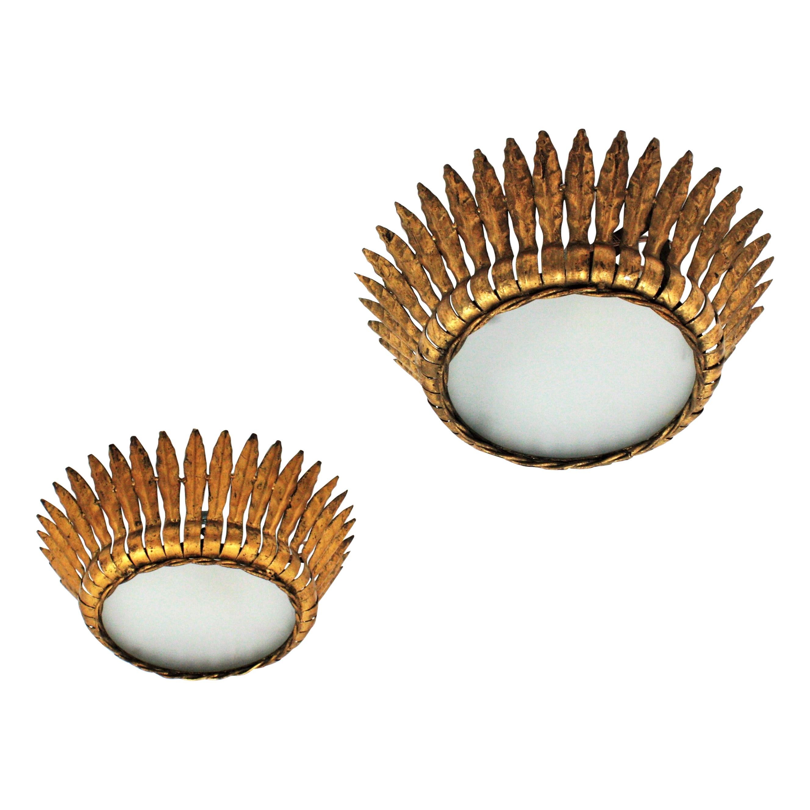 Sunburst Crown Large Ceiling Light Fixture in Gilt Metal and Frosted