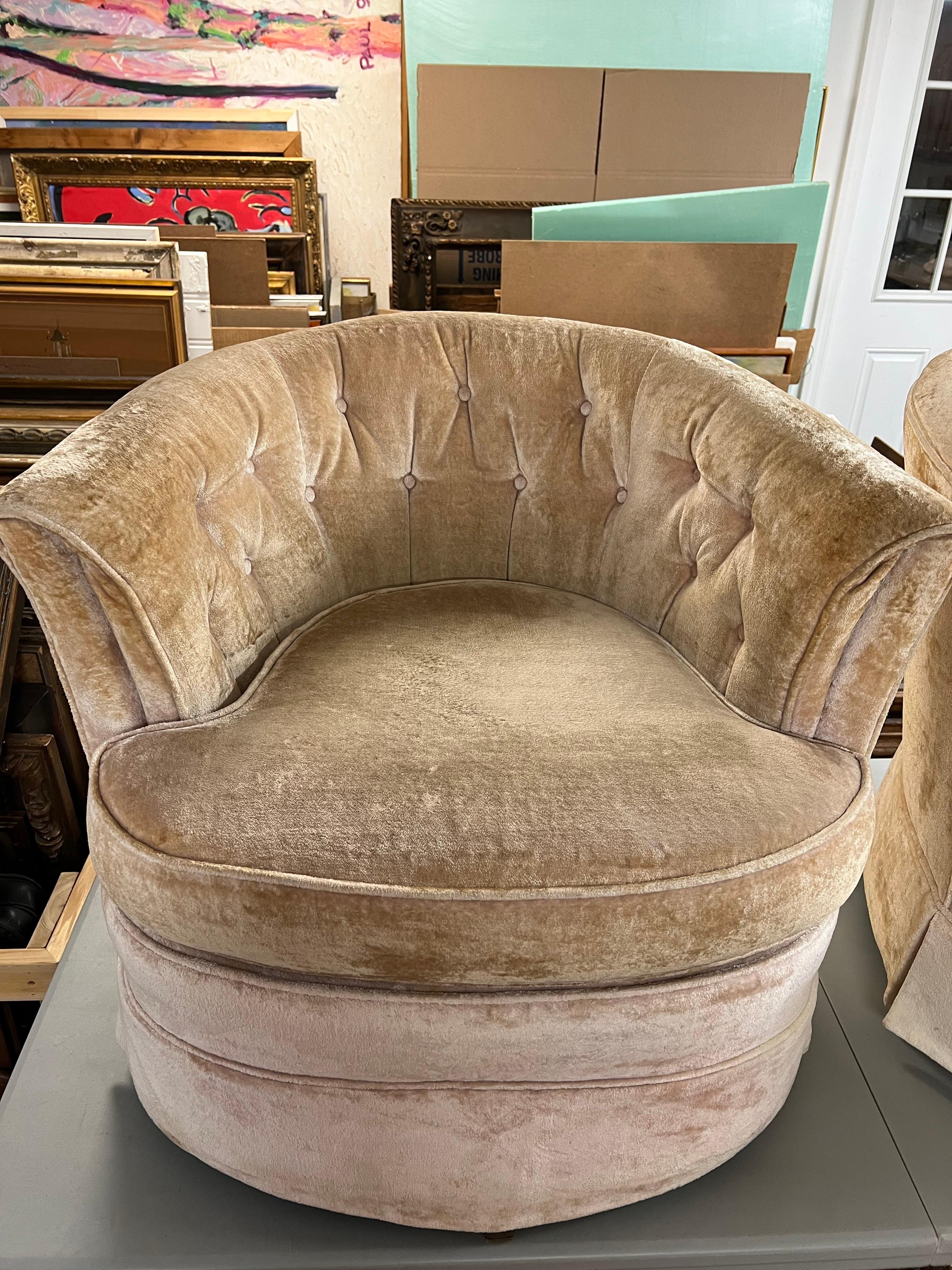 Pair of Crushed Velvet Swivel Chairs in Champagne Ivory  In Good Condition In Redding, CT