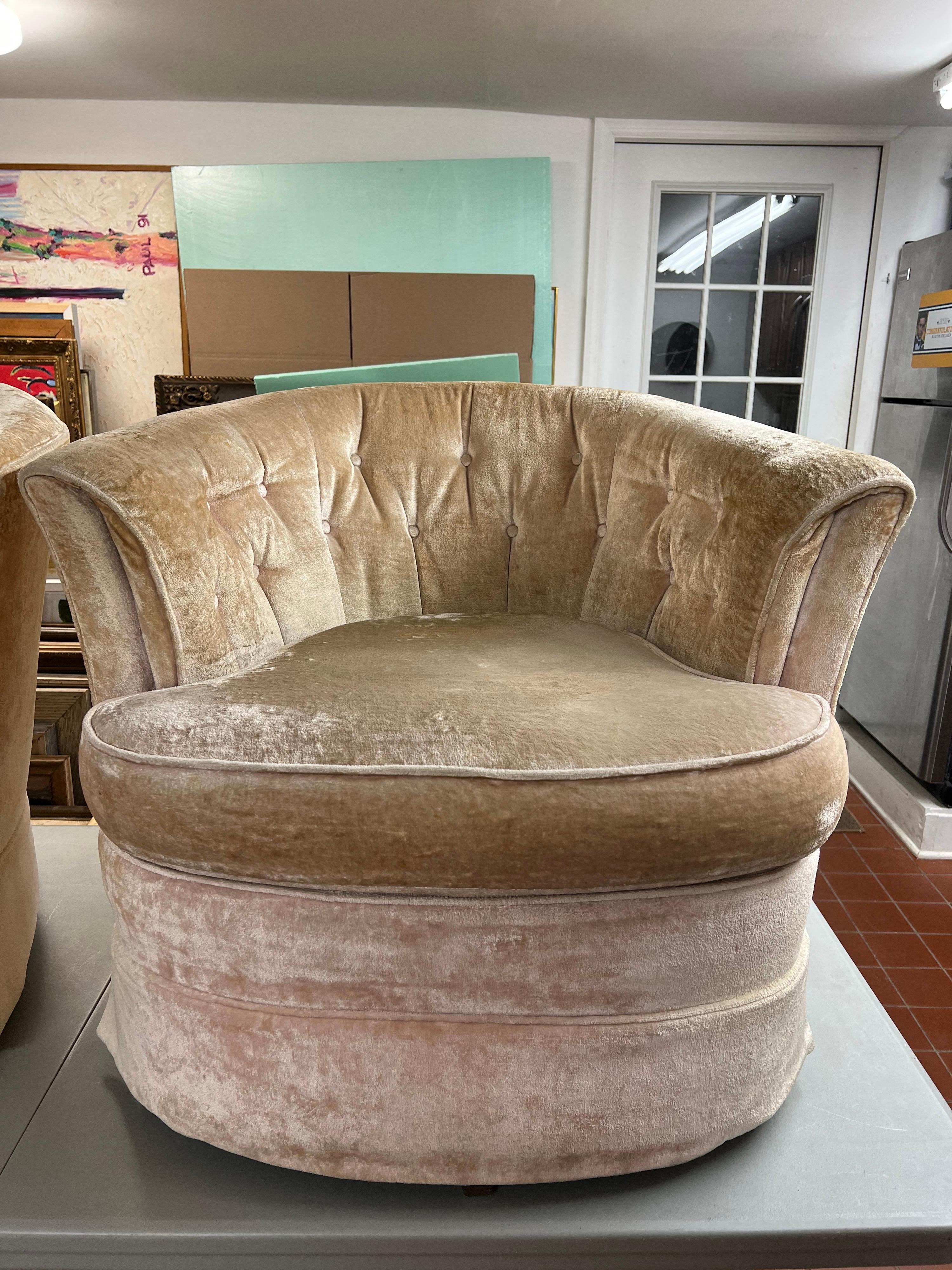 Pair of Crushed Velvet Swivel Chairs in Champagne Ivory  1