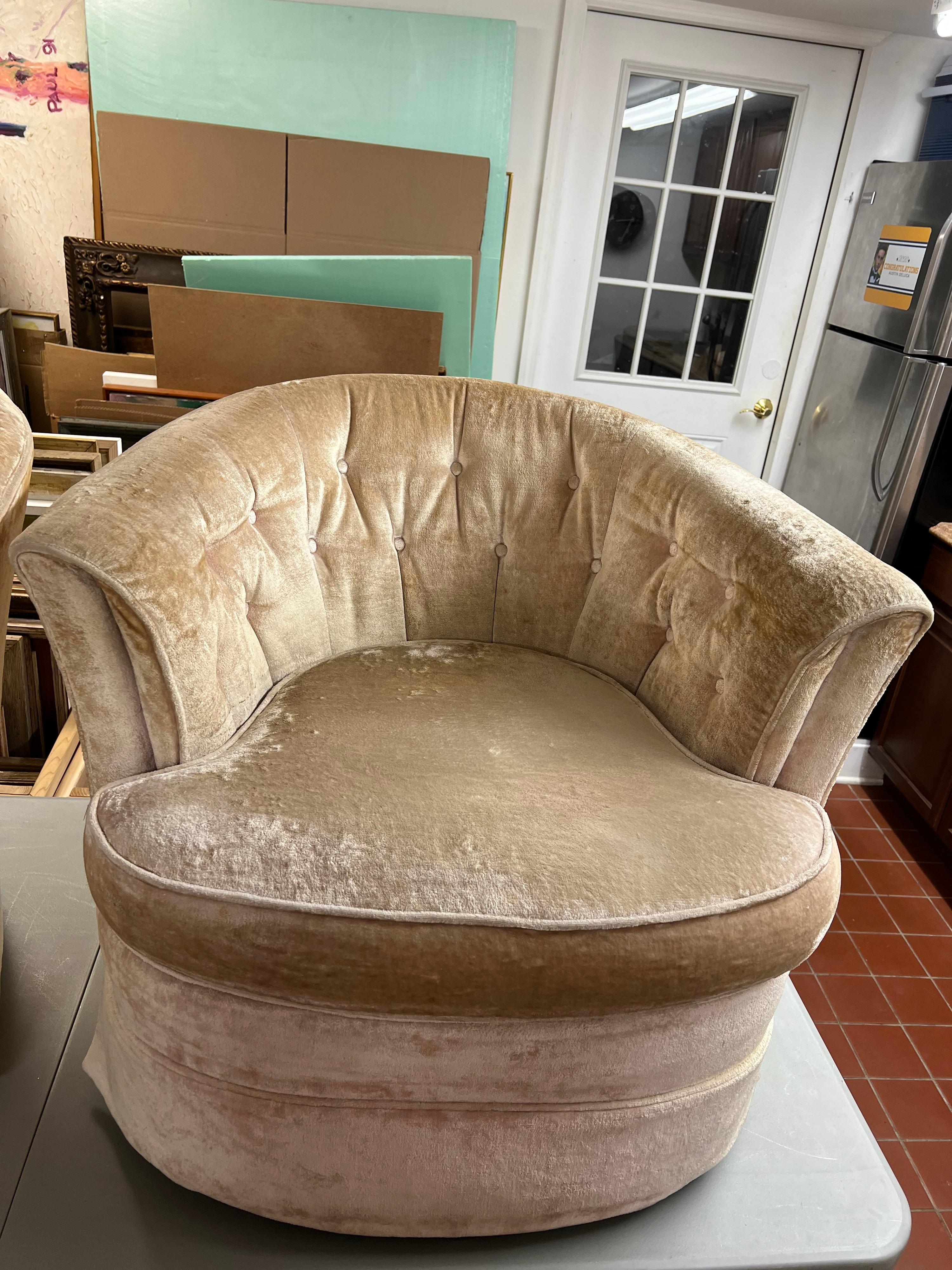 Pair of Crushed Velvet Swivel Chairs in Champagne Ivory  2