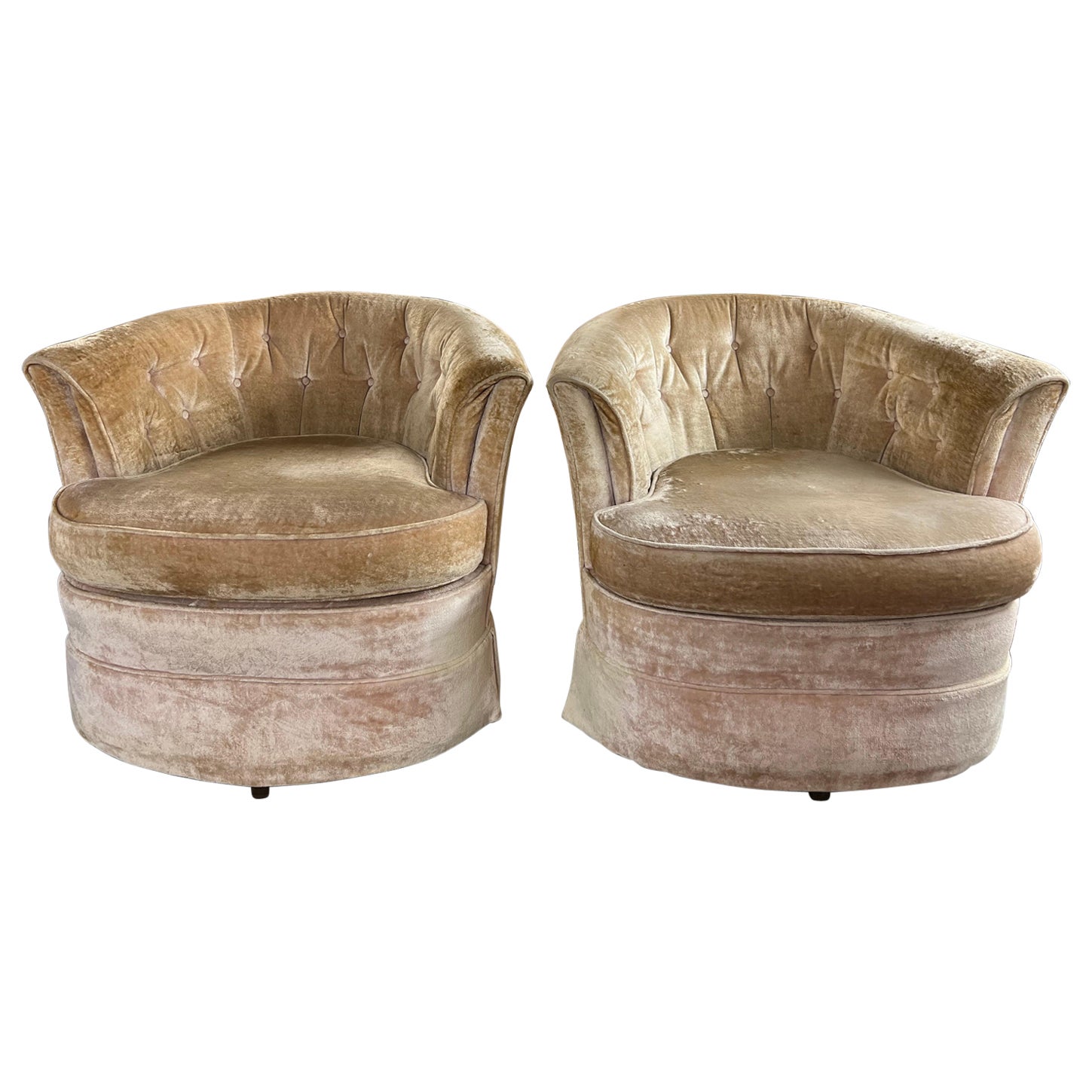 Pair of Crushed Velvet Swivel Chairs in Champagne Ivory