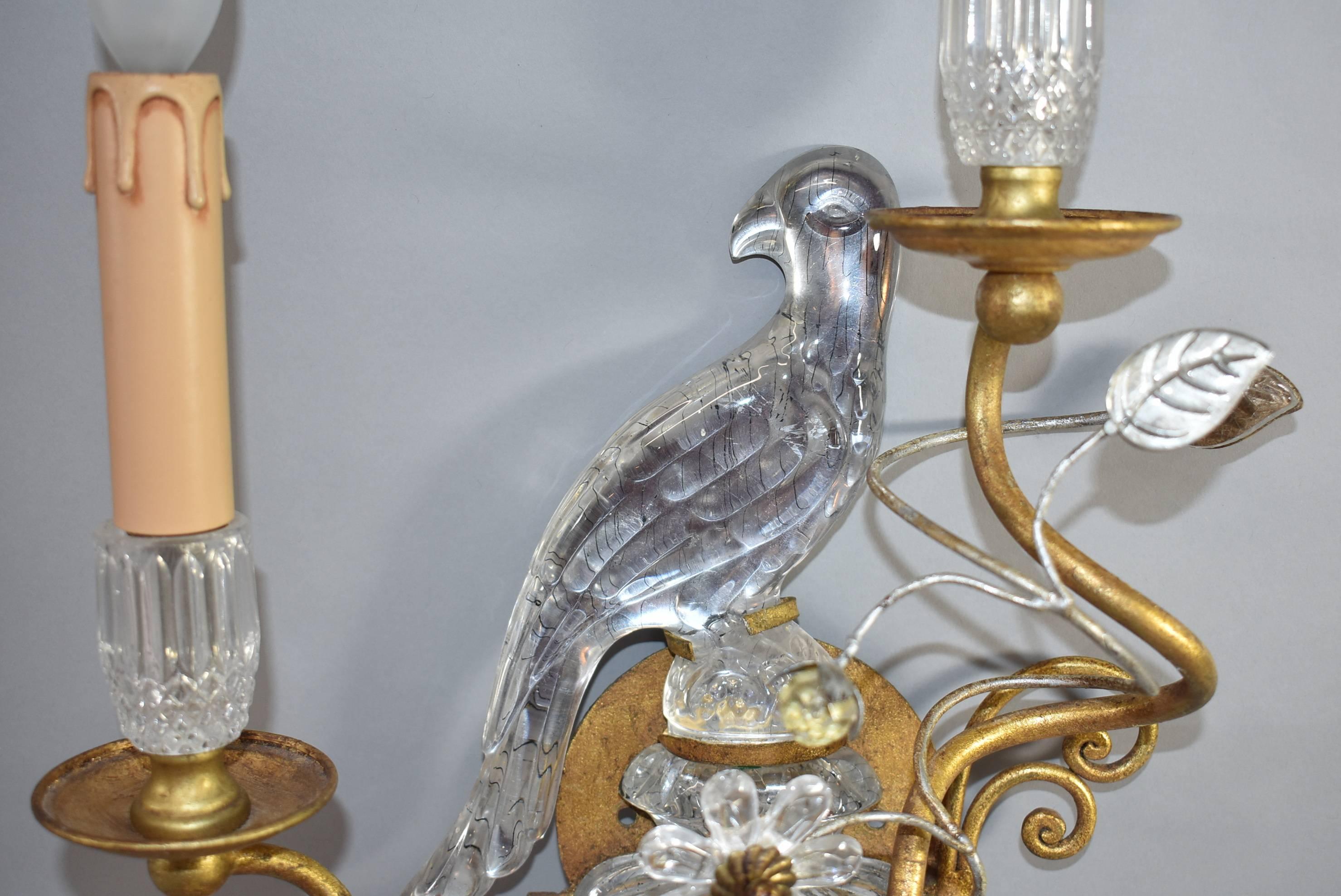 Regency Pair of Crystal and Brass Parrot Wall Sconces in the Style of Maison Bagues