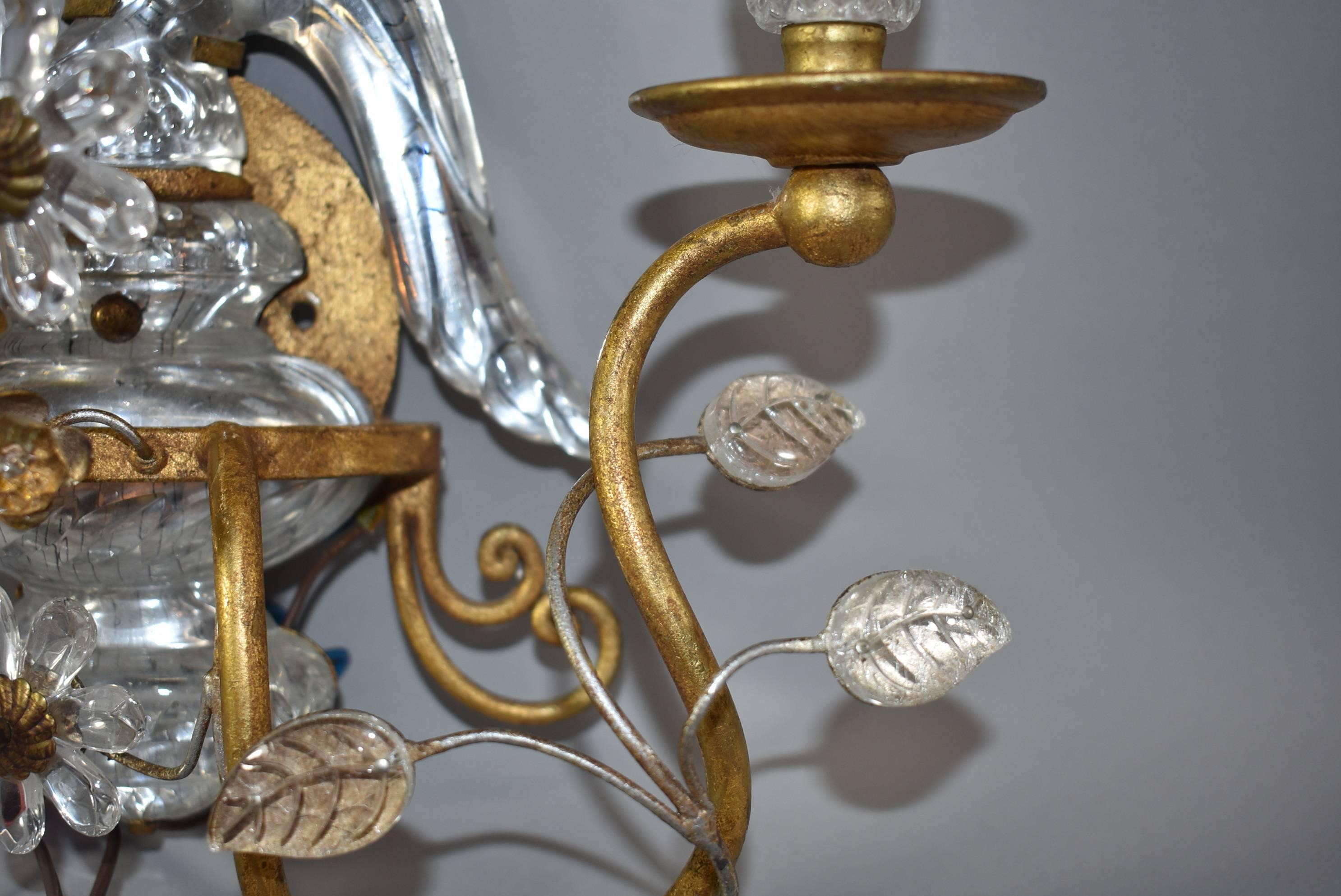 French Pair of Crystal and Brass Parrot Wall Sconces in the Style of Maison Bagues