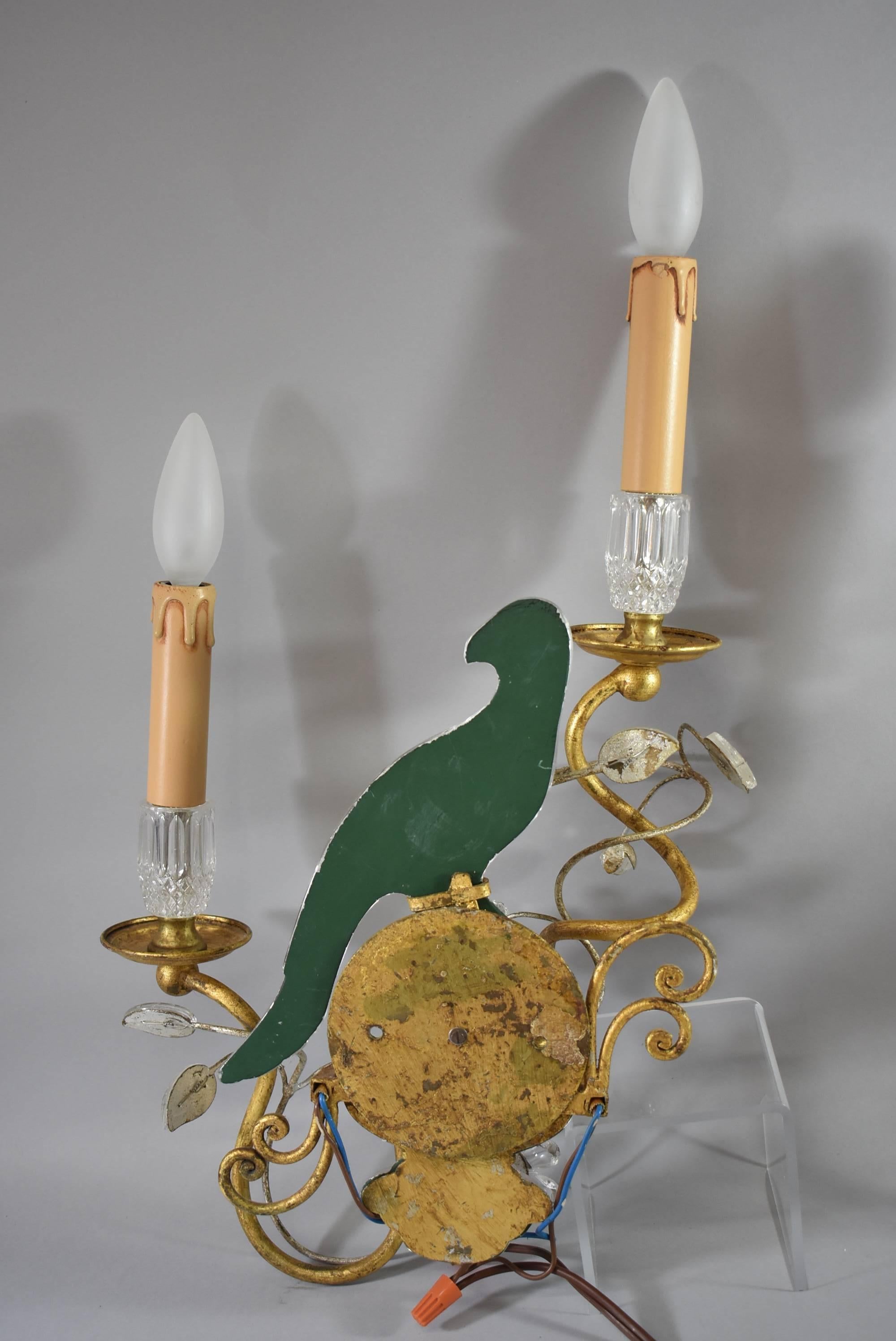 Pair of Crystal and Brass Parrot Wall Sconces in the Style of Maison Bagues 1