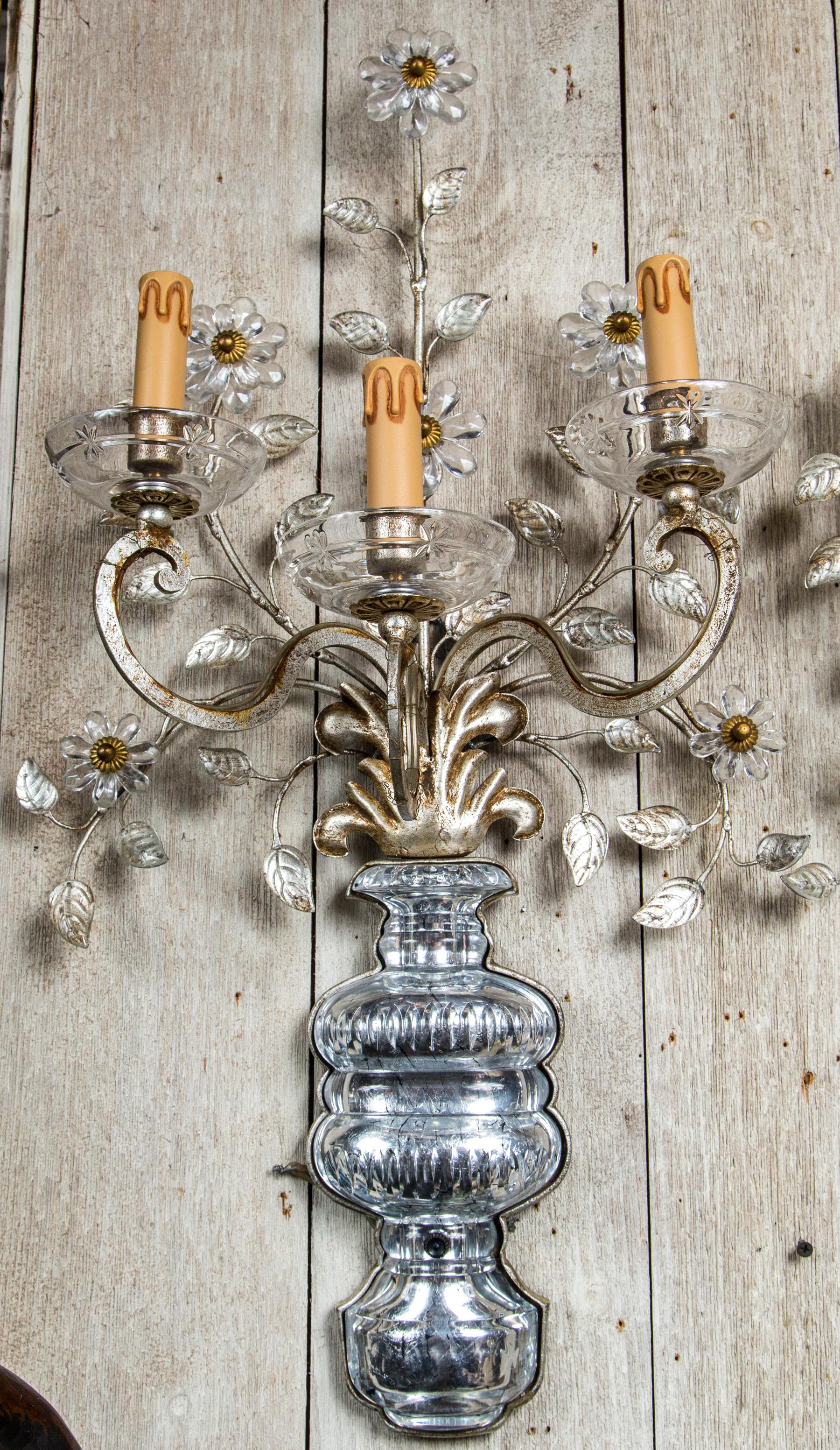 Silvered Pair of Crystal 3 Arm Wall Sconces For Sale