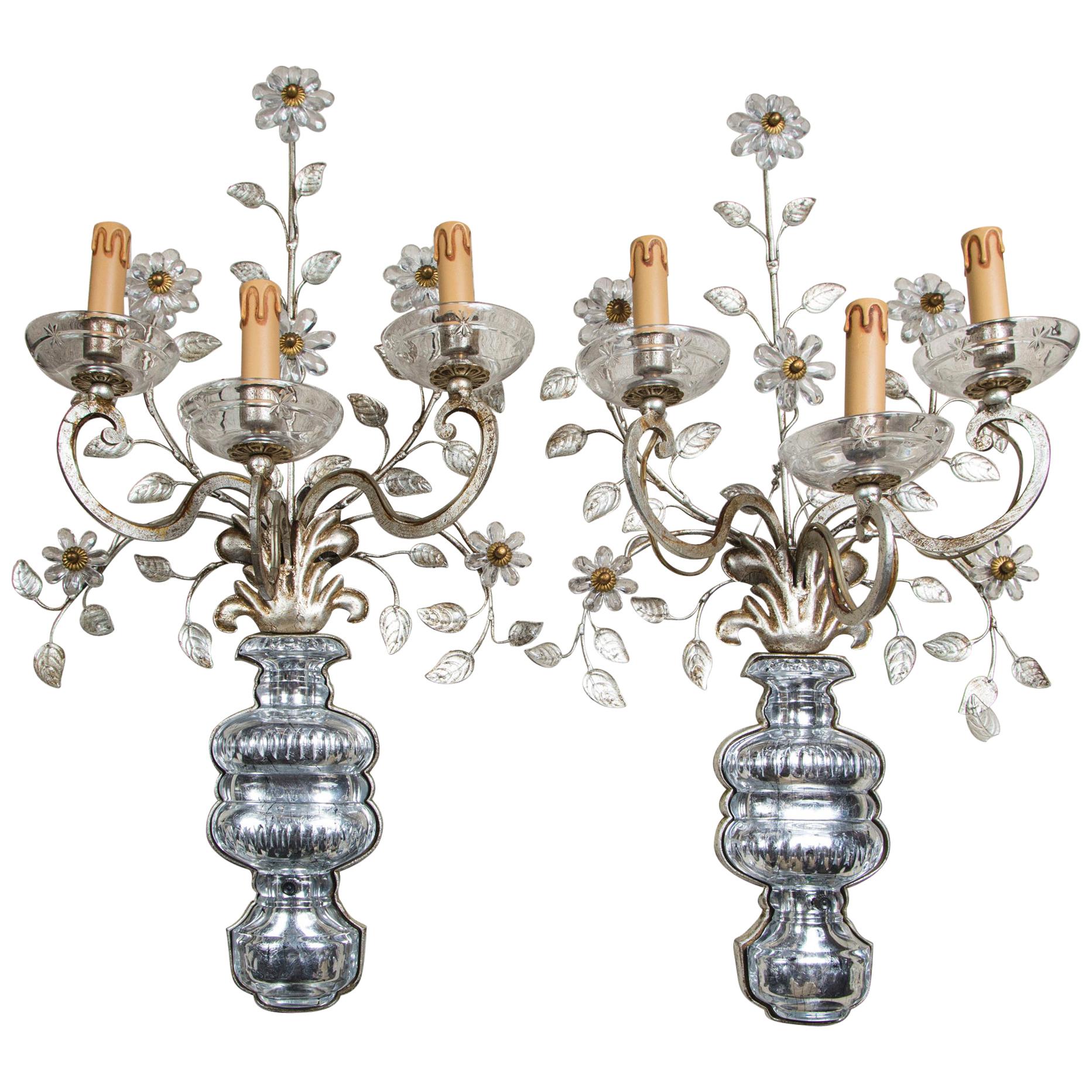 Pair of Crystal 3 Arm Wall Sconces For Sale