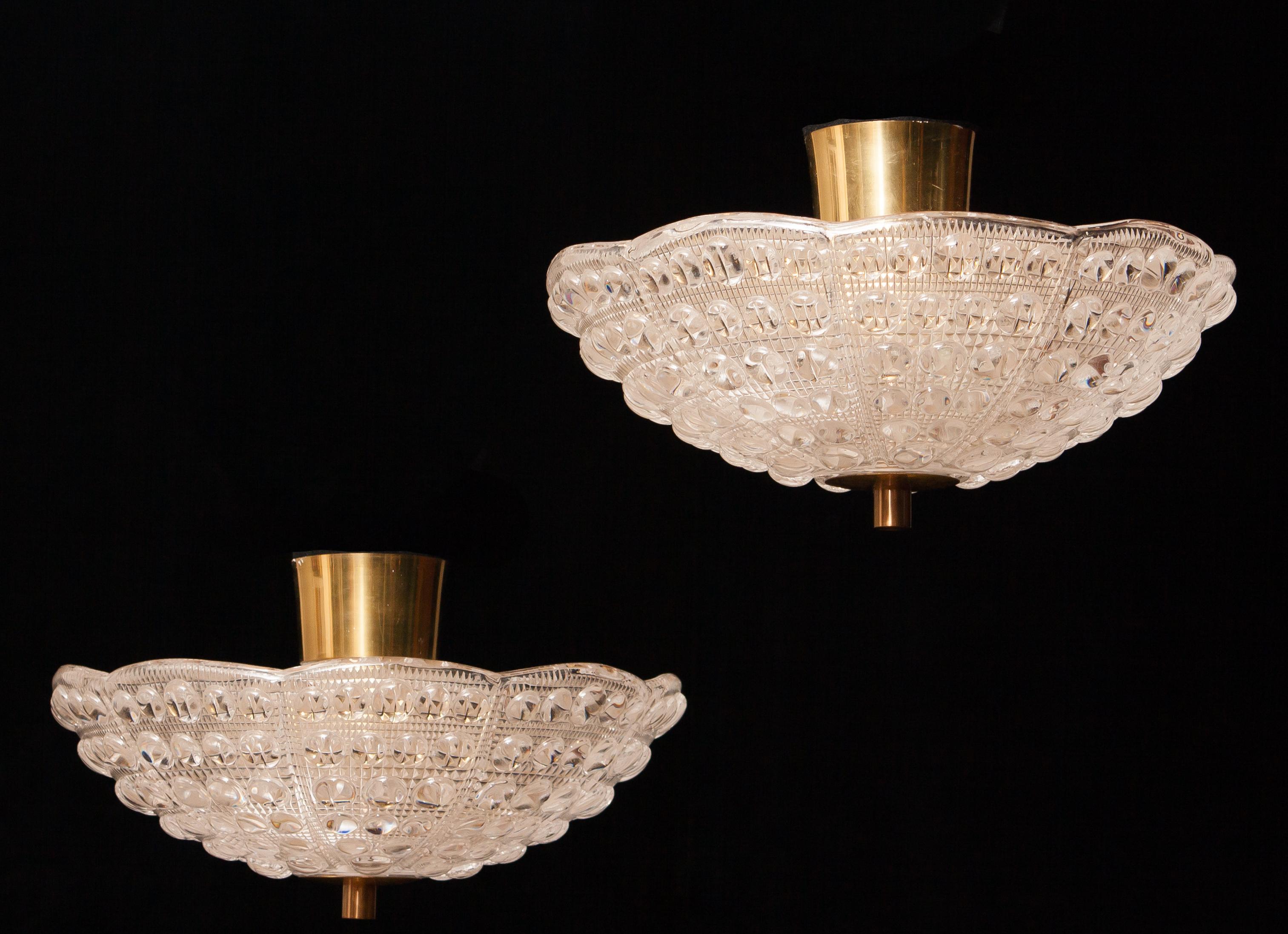 Pair of Crystal and Brass Ceiling Lights by Carl Fagerlund for Orrefors, 1960s (Messing)