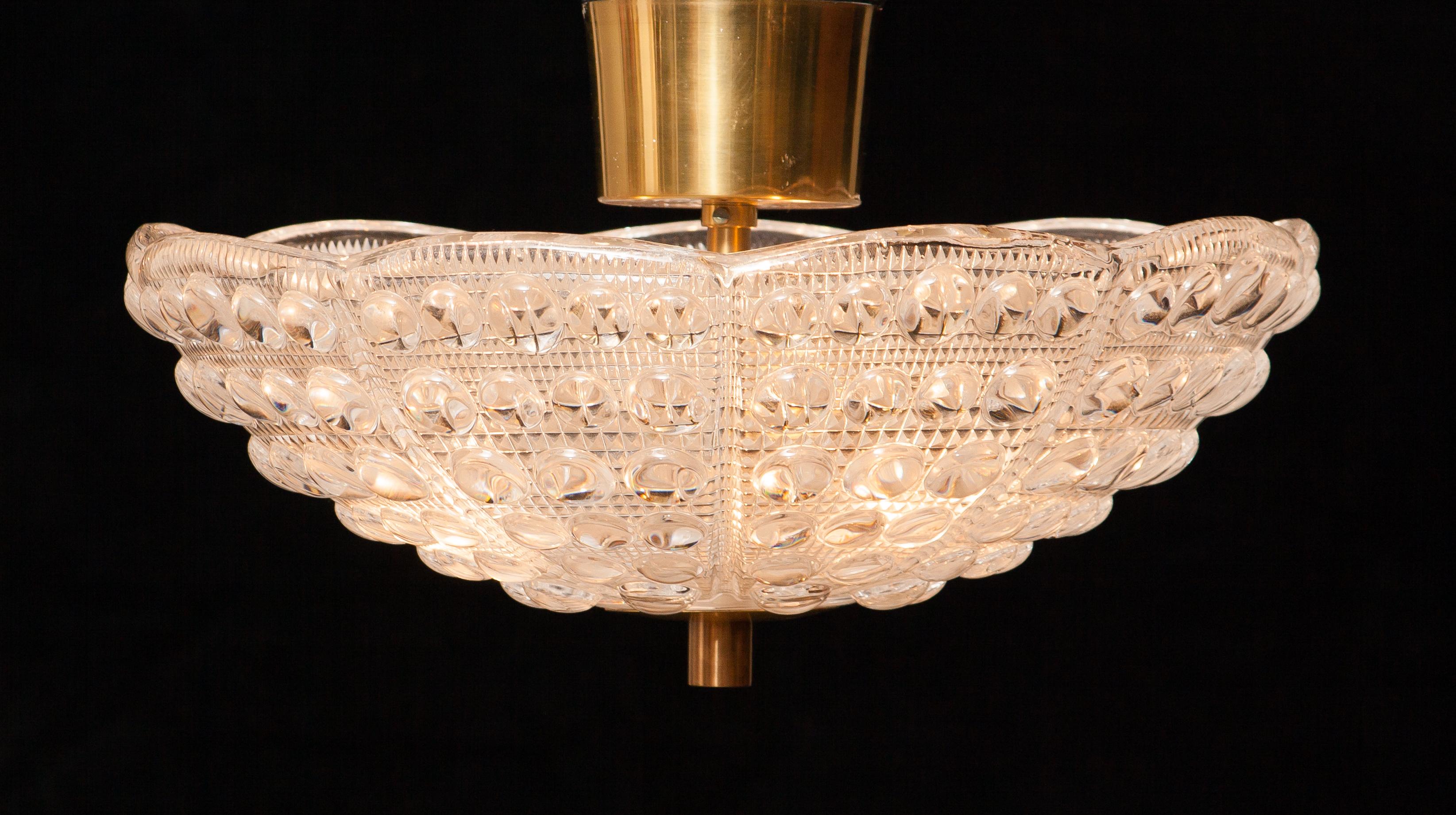 Pair of Crystal and Brass Ceiling Lights by Carl Fagerlund for Orrefors, 1960s 1