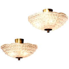 Pair of Crystal and Brass Ceiling Lights by Carl Fagerlund for Orrefors, 1960s
