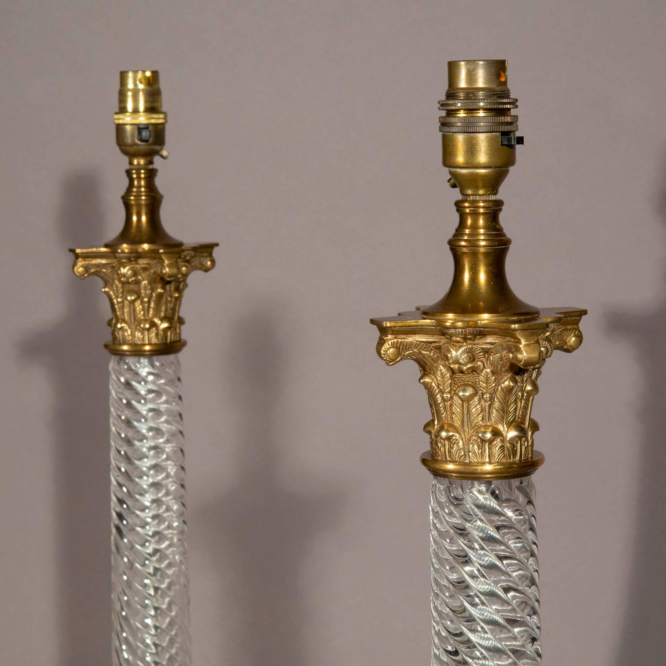 Regency Pair of Crystal and Brass Corinthian Column Table Lamps Vaughan Design