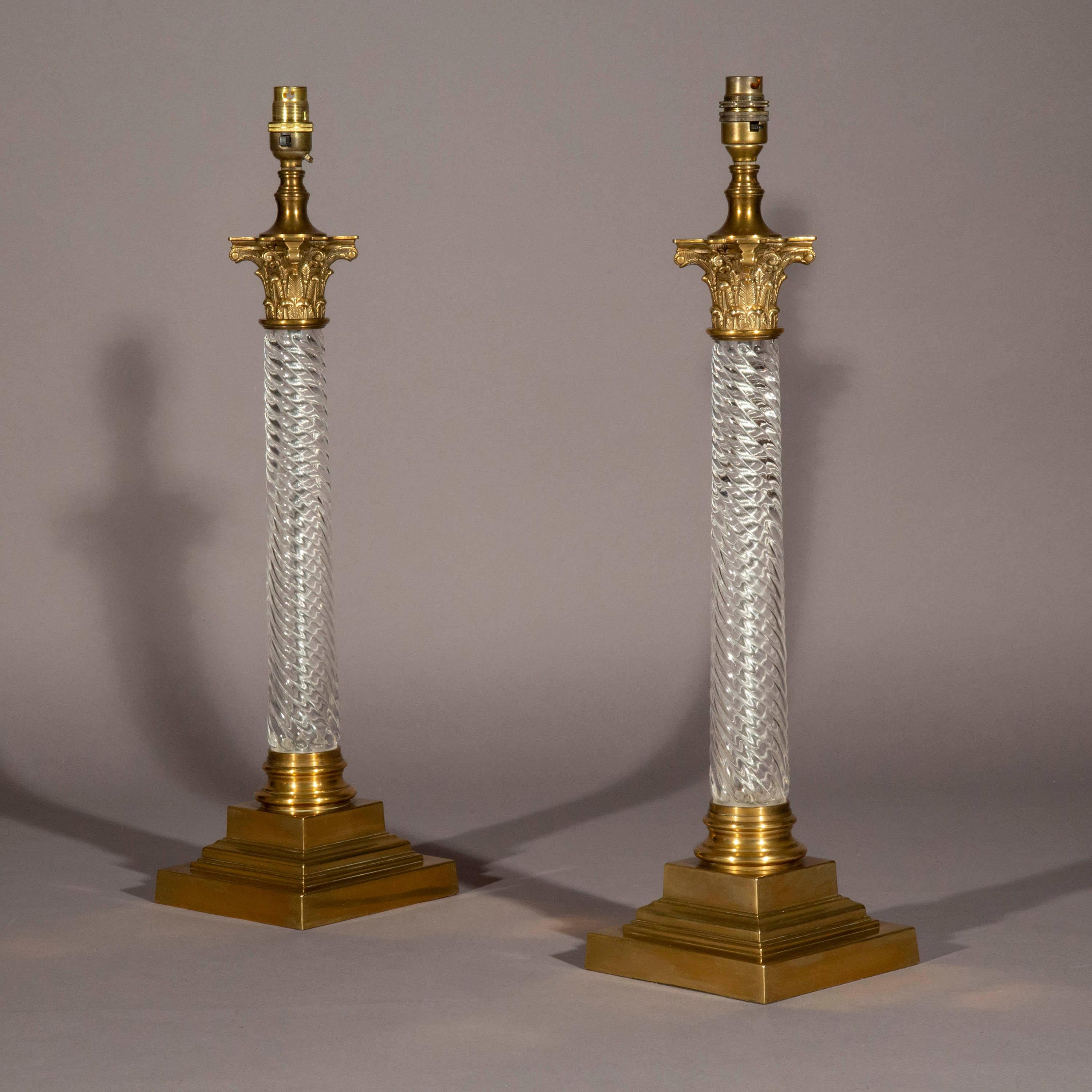English Pair of Crystal and Brass Corinthian Column Table Lamps Vaughan Design