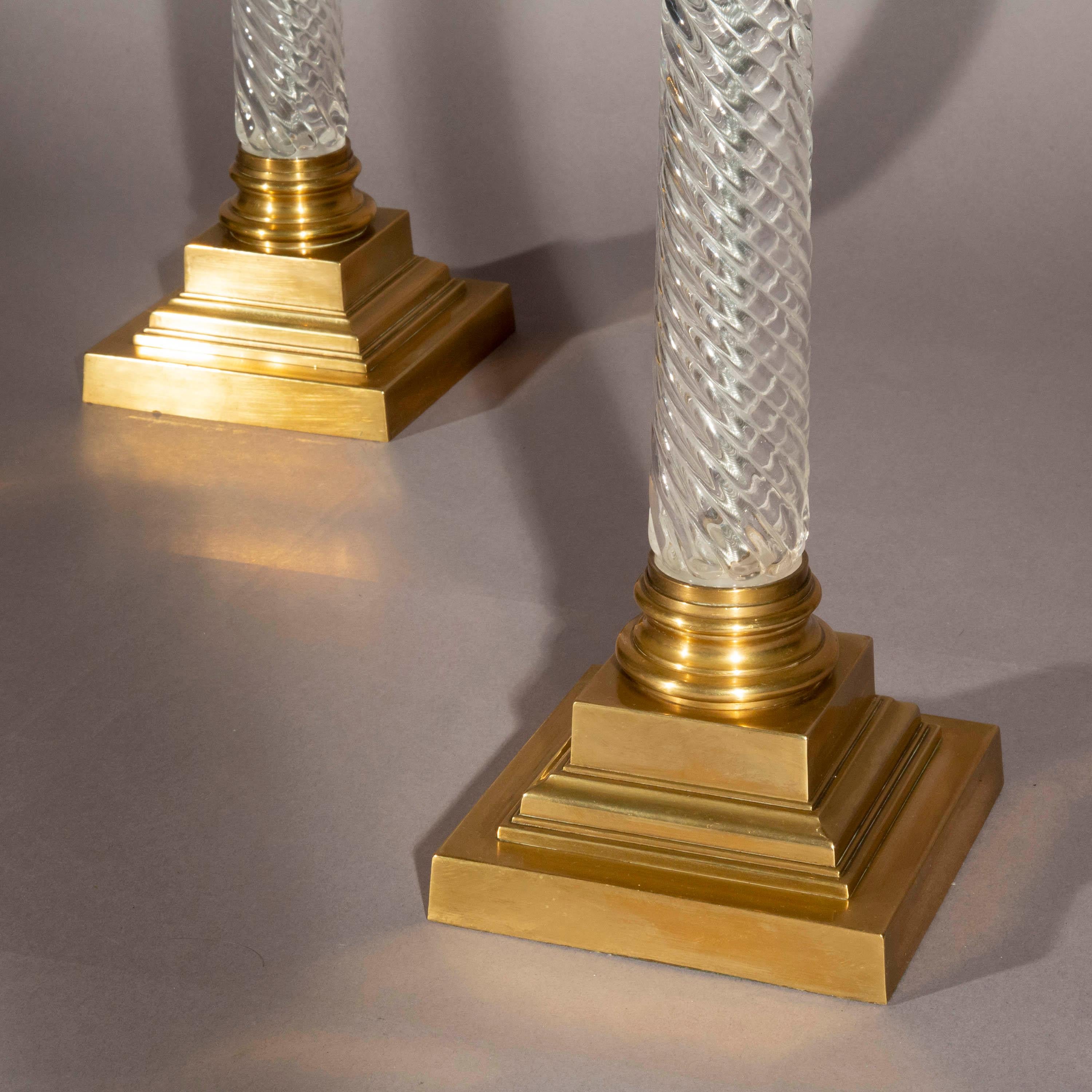 Lacquered Pair of Crystal and Brass Corinthian Column Table Lamps Vaughan Design
