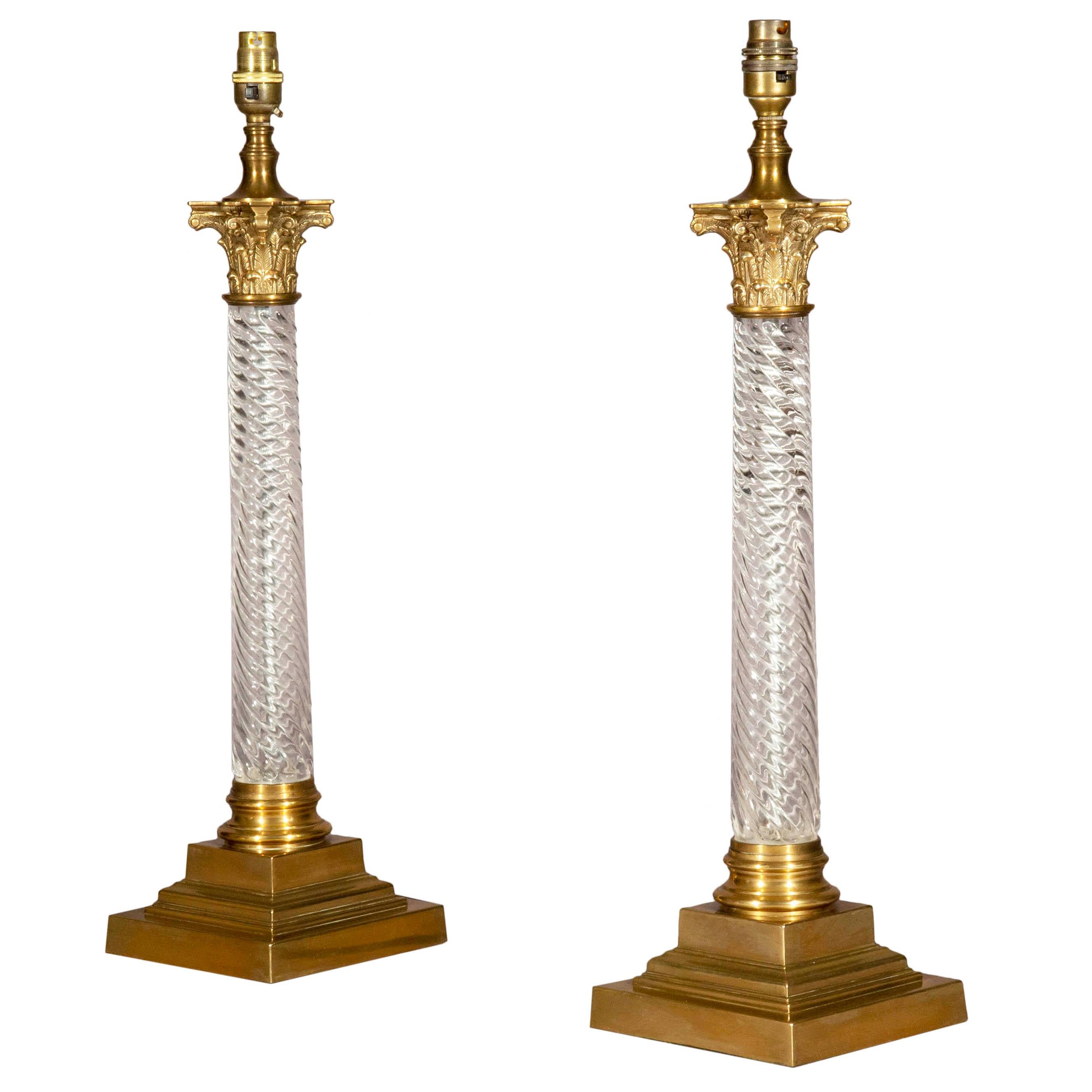 Pair of Crystal and Brass Corinthian Column Table Lamps Vaughan Design In Good Condition In Richmond, London