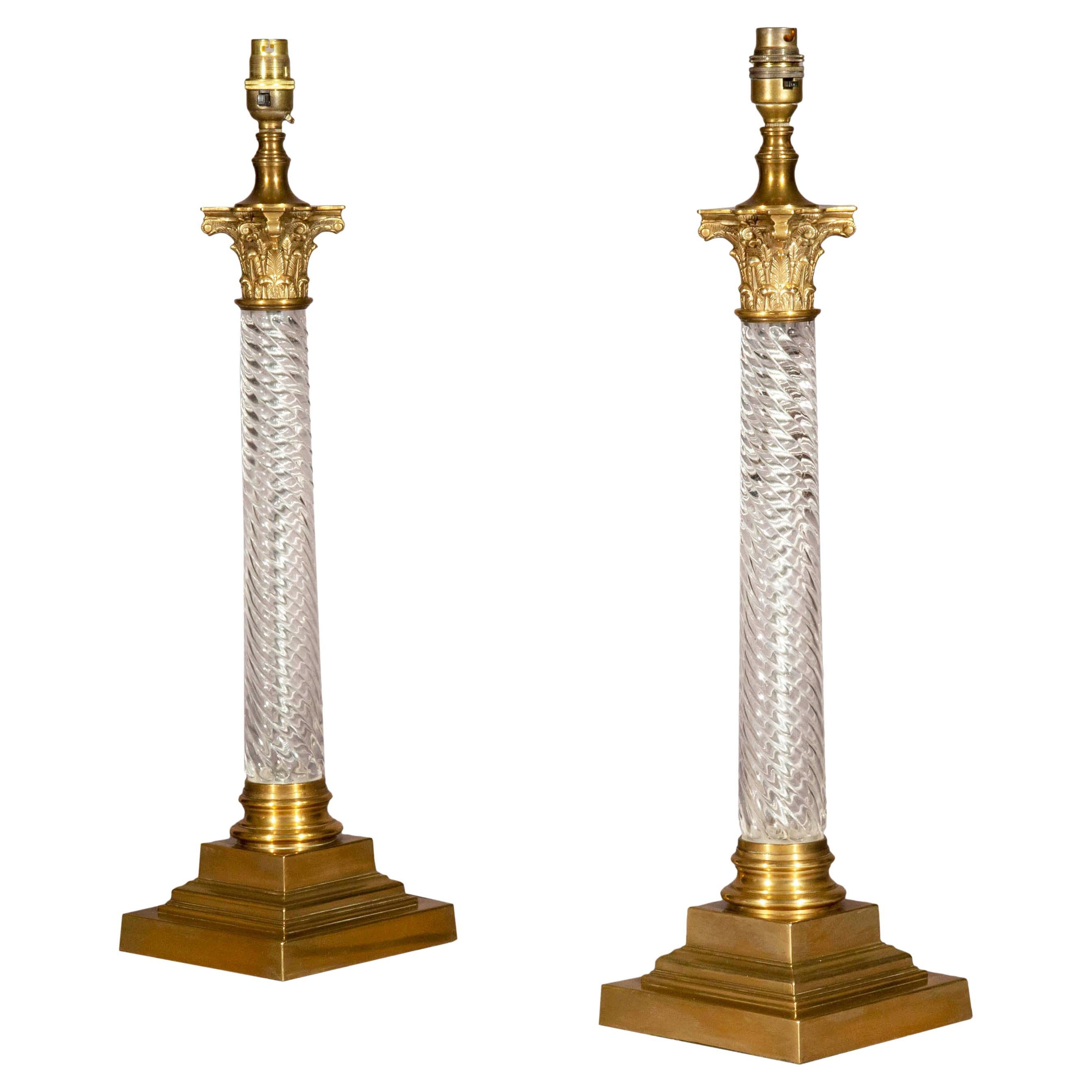 Pair of Crystal and Brass Corinthian Column Table Lamps Vaughan Design