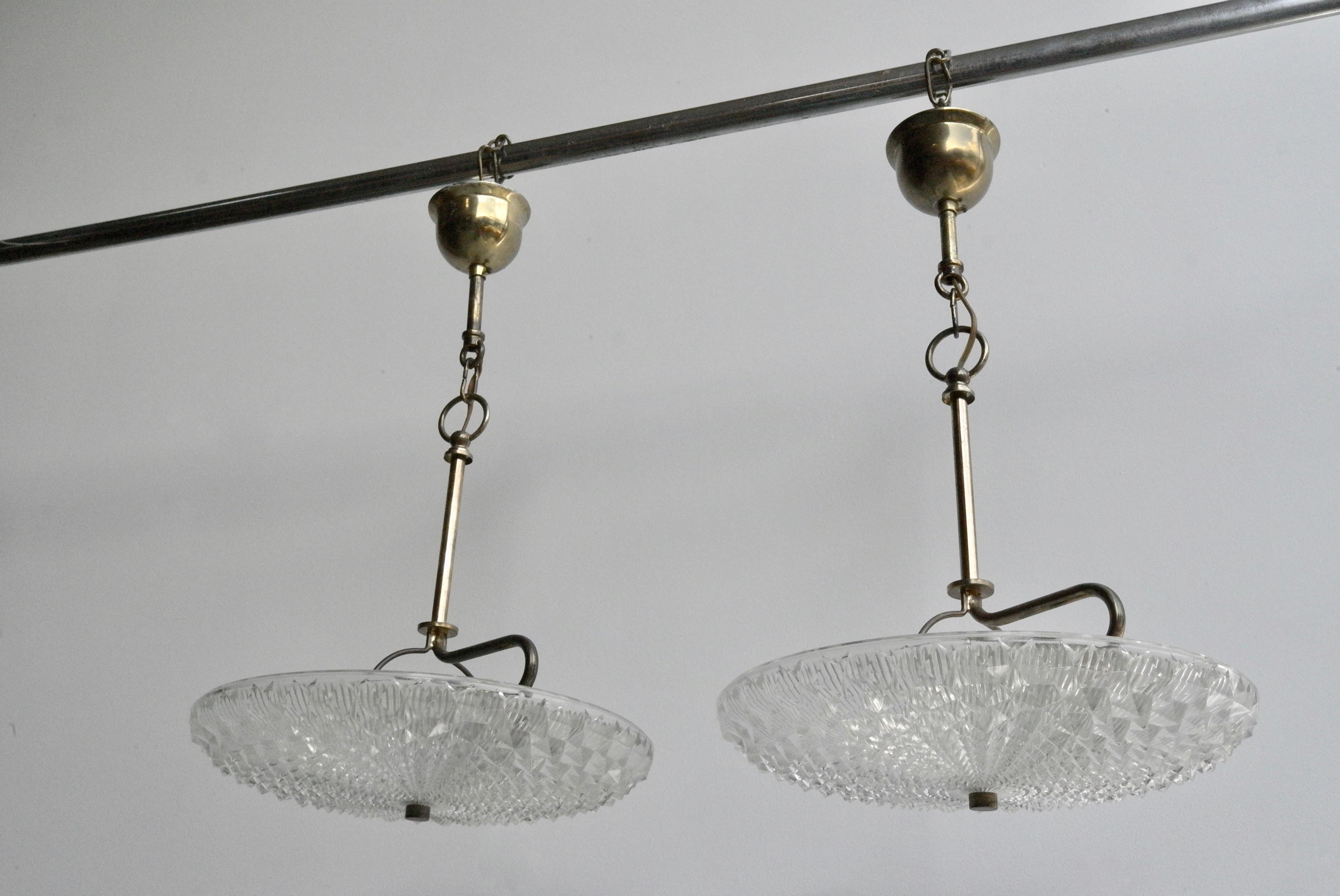 Pair of Crystal and brass Flushmount chandeliers, Austria, 1960s 3