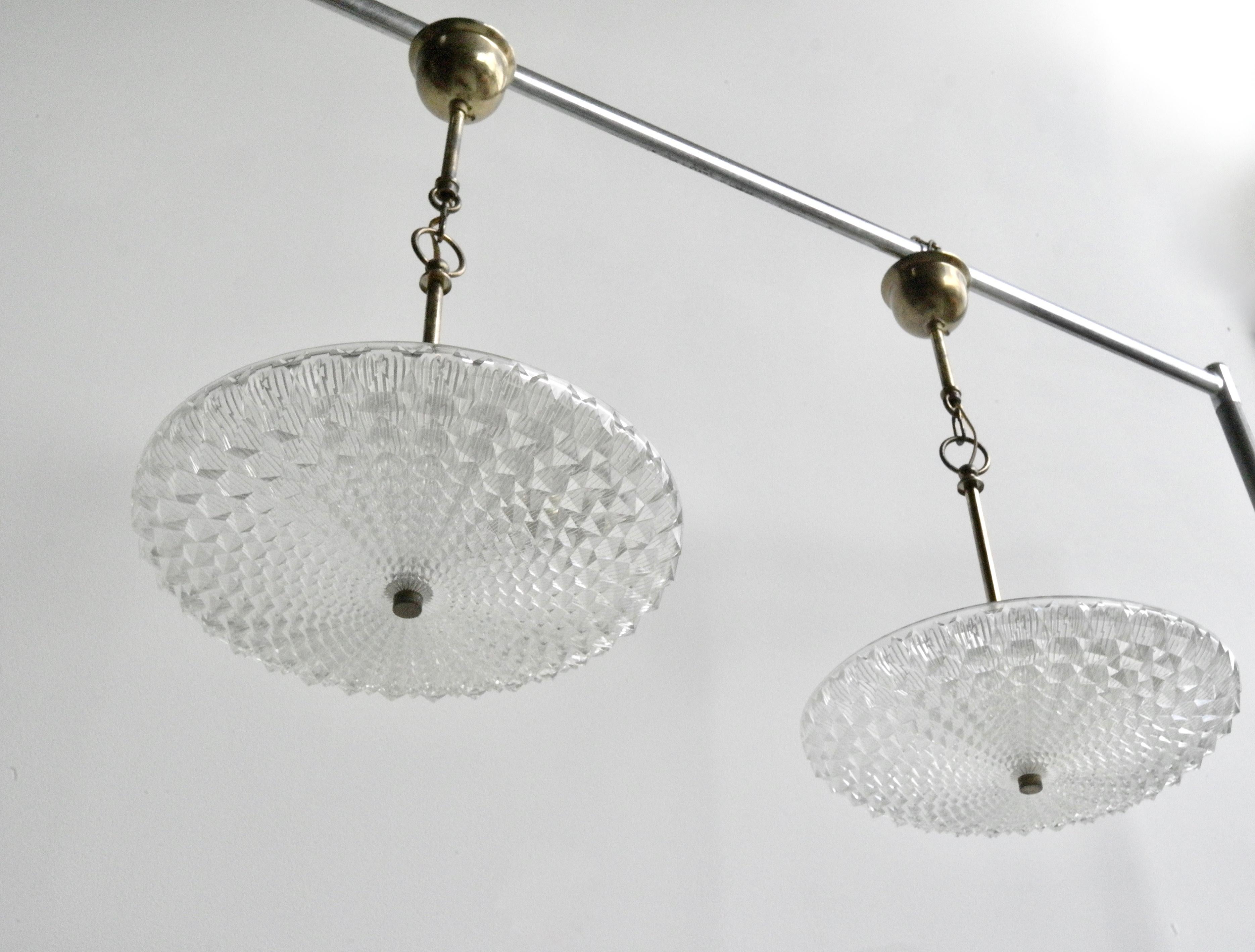 Pair of Crystal and brass Flushmount chandeliers, Austria, 1960s 1