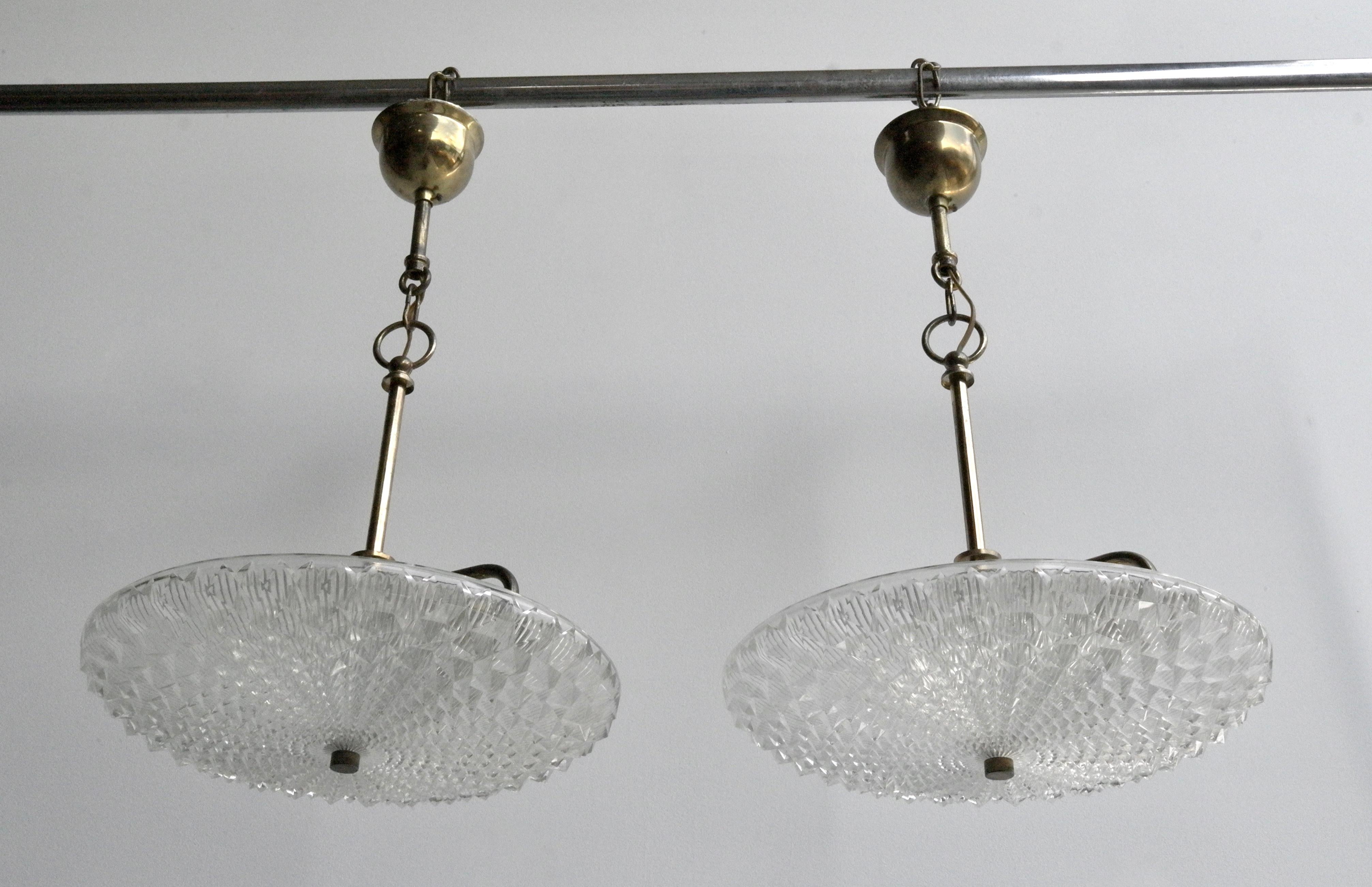 Pair of Crystal and brass Flushmount chandeliers, Austria, 1960s 2