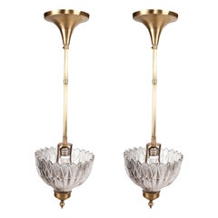 Pair of Crystal and Brass Pendant Lights, 1930s Hollywood Regency