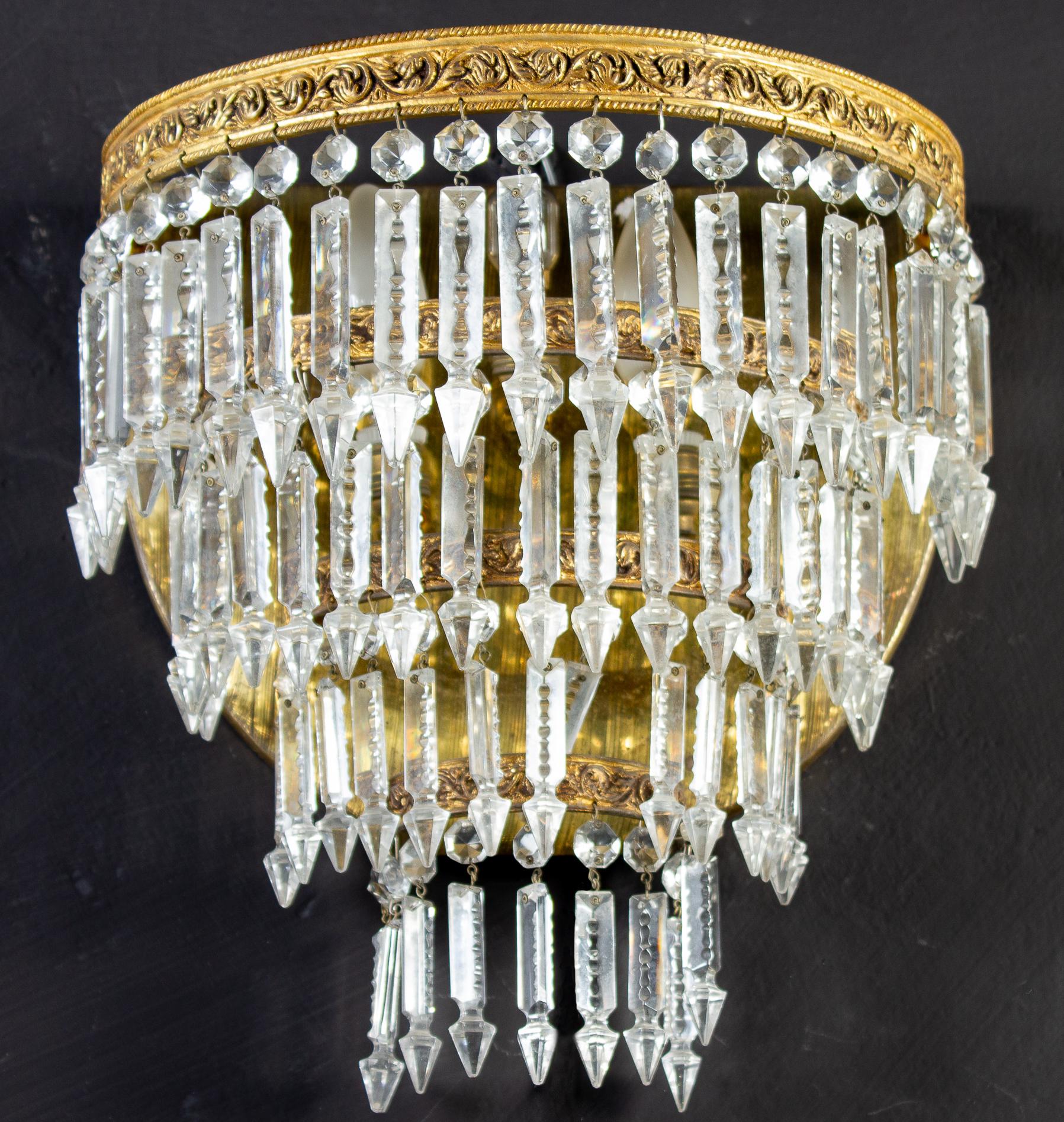 Art Deco Pair of Crystal and Brass Scones or Wall Lights, Italy, 1940 For Sale