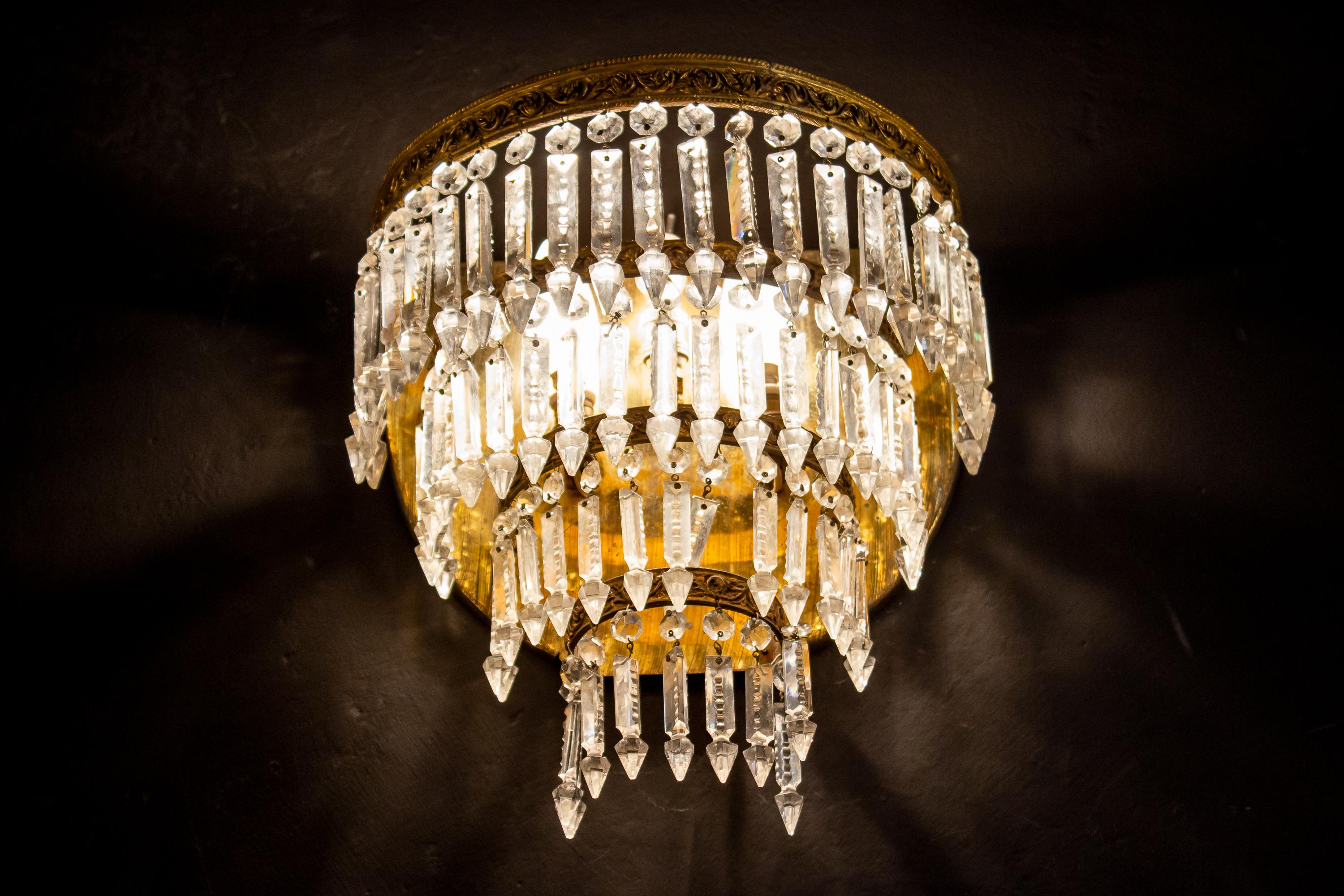 20th Century Pair of Crystal and Brass Scones or Wall Lights, Italy, 1940 For Sale