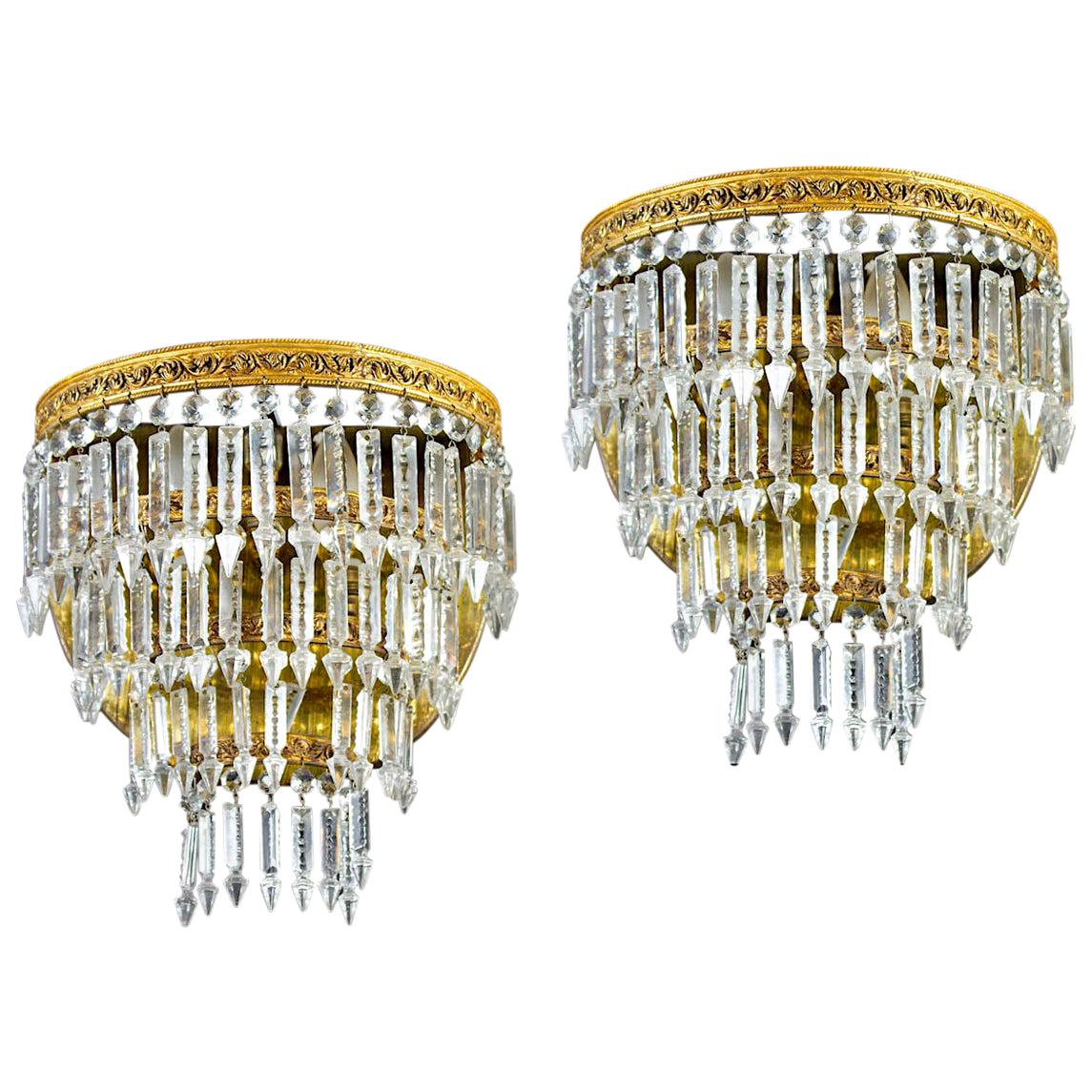 Pair of Crystal and Brass Scones or Wall Lights Italy, 1940 For Sale