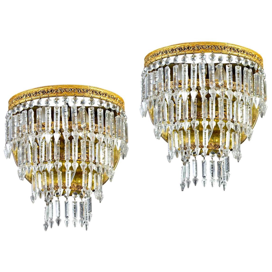 Pair of Crystal and Brass Scones or Wall Lights, Italy, 1940