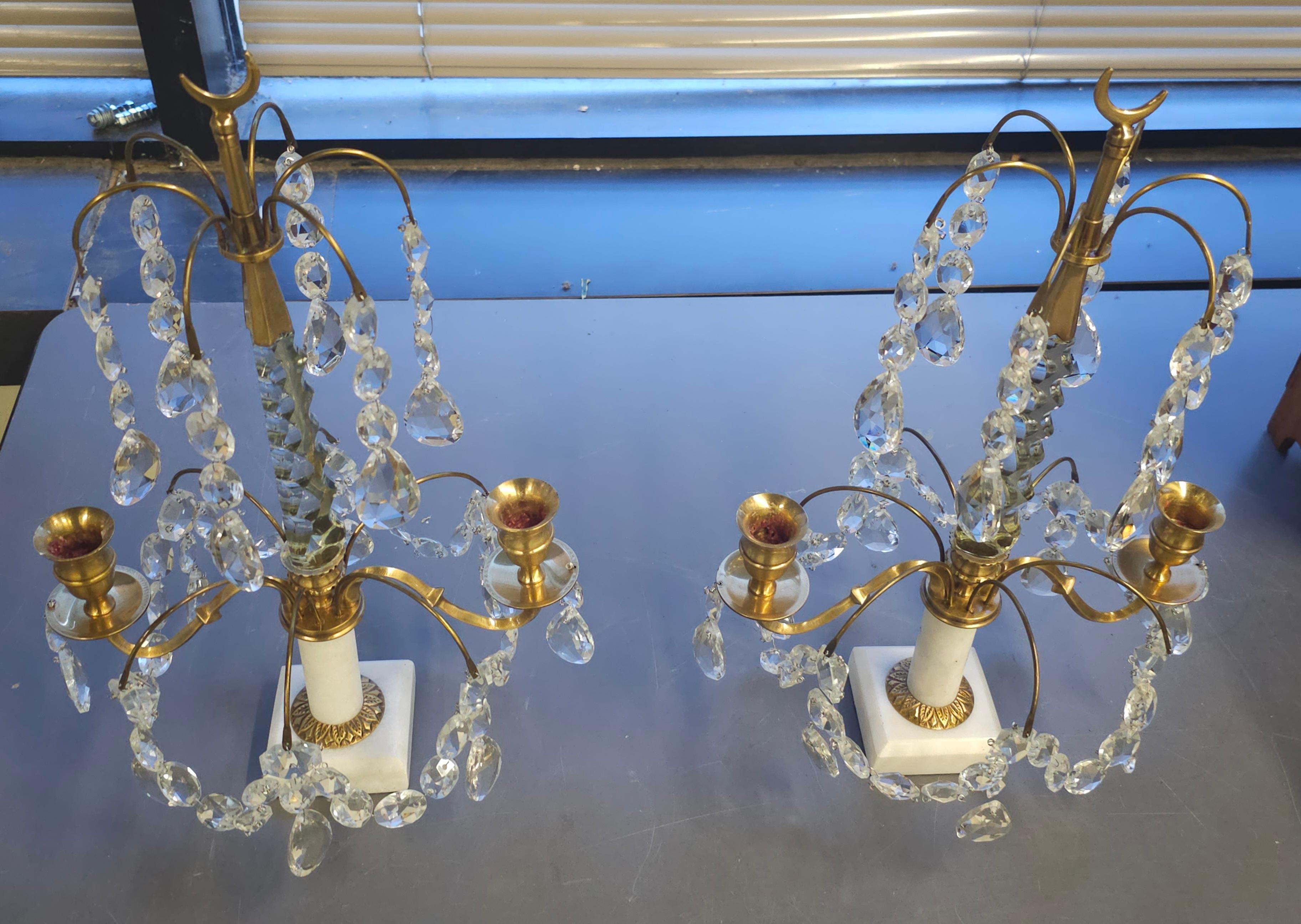 Pair Of Crystal And Brass Two Light Candle Table Sconces on Marble Plinth  For Sale 3