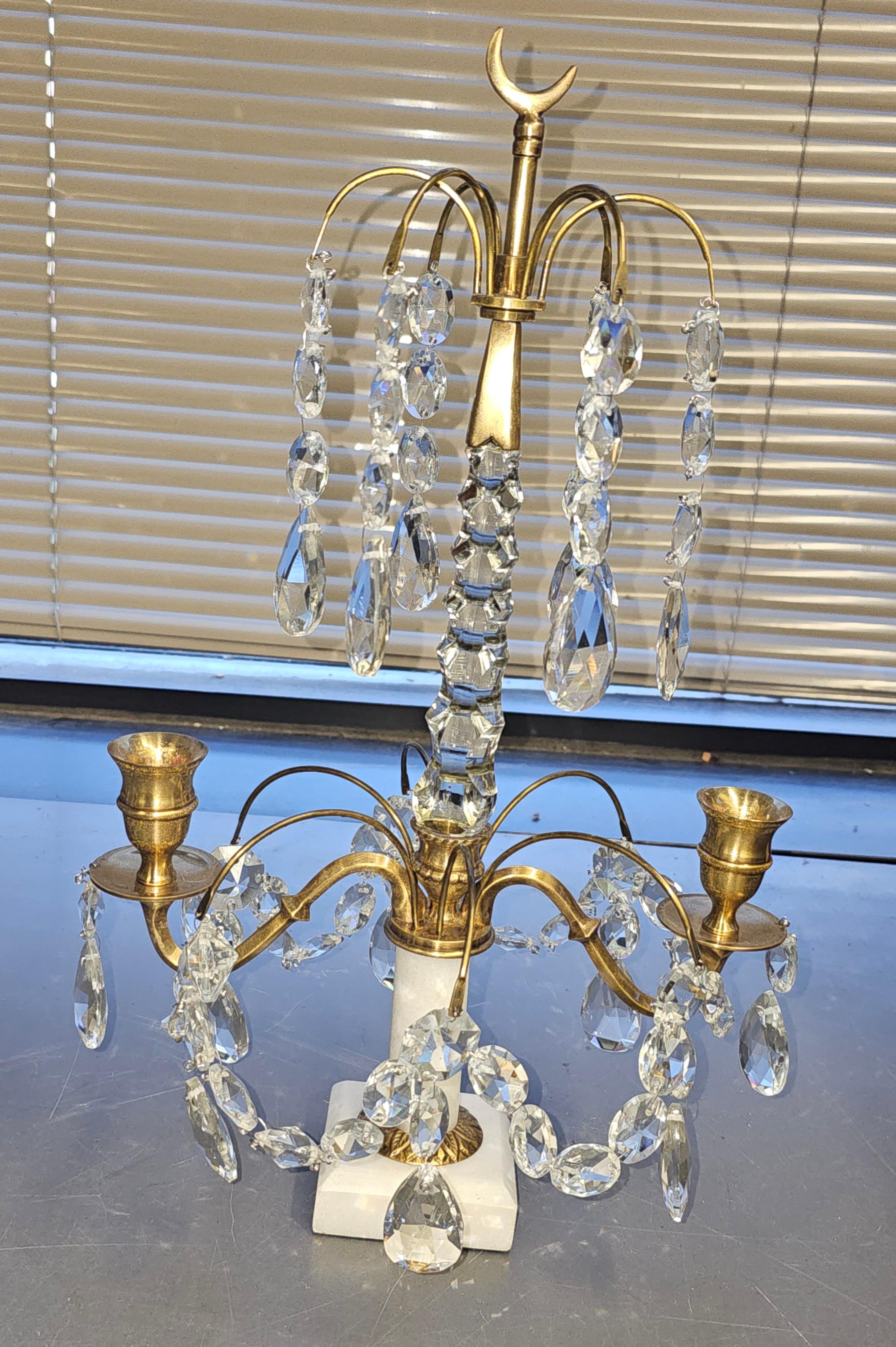 Pair Of Crystal And Brass Two Light Candle Table Sconces on Marble Plinth  For Sale 4