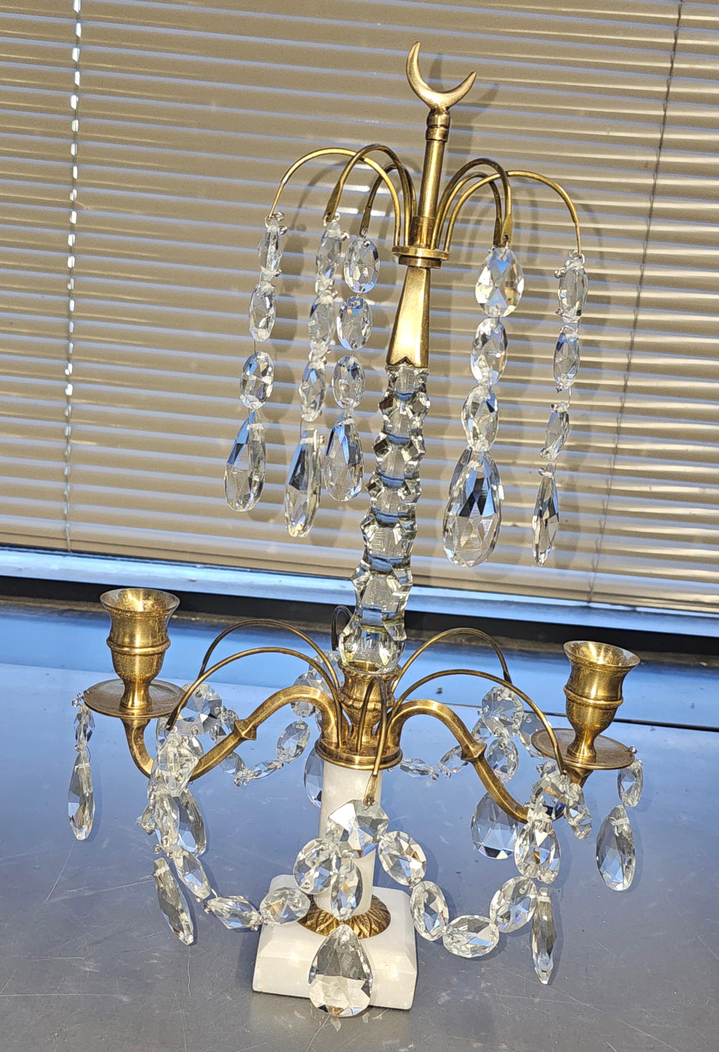 Pair Of Crystal And Brass Two Light Candle Table Sconces on Marble Plinth  For Sale 5