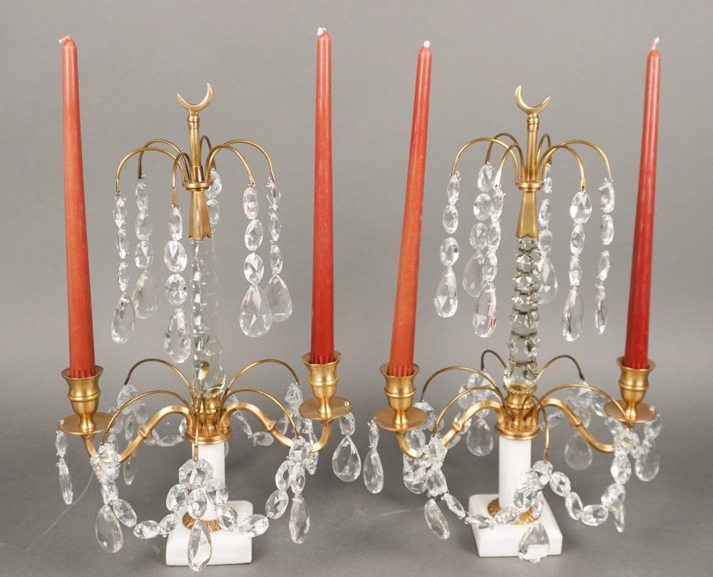 Pair Of Crystal And Brass Two arm Candle Table Sconces on Marble Plinth in great vintage condition.
Measures 11