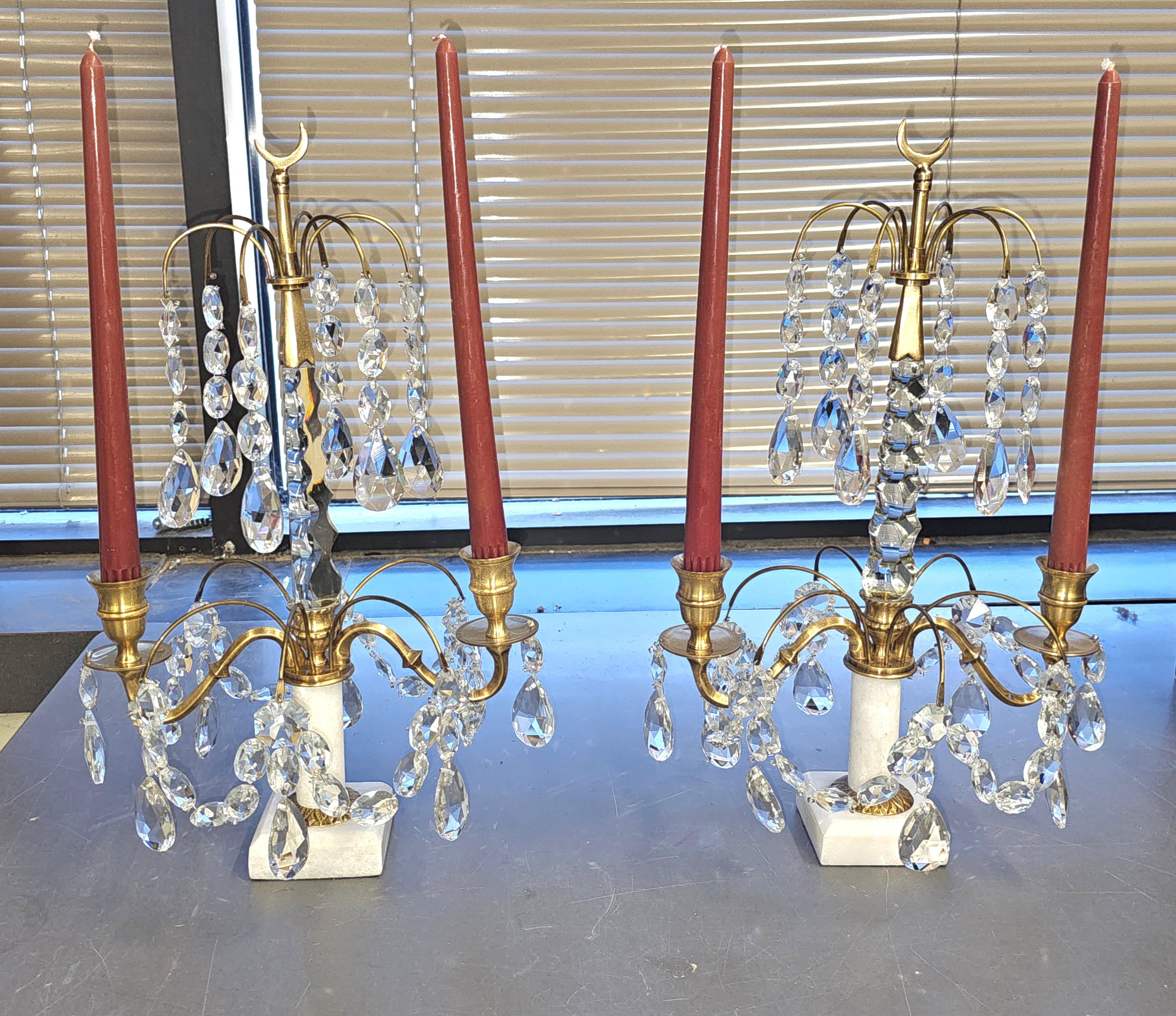 Unknown Pair Of Crystal And Brass Two Light Candle Table Sconces on Marble Plinth  For Sale