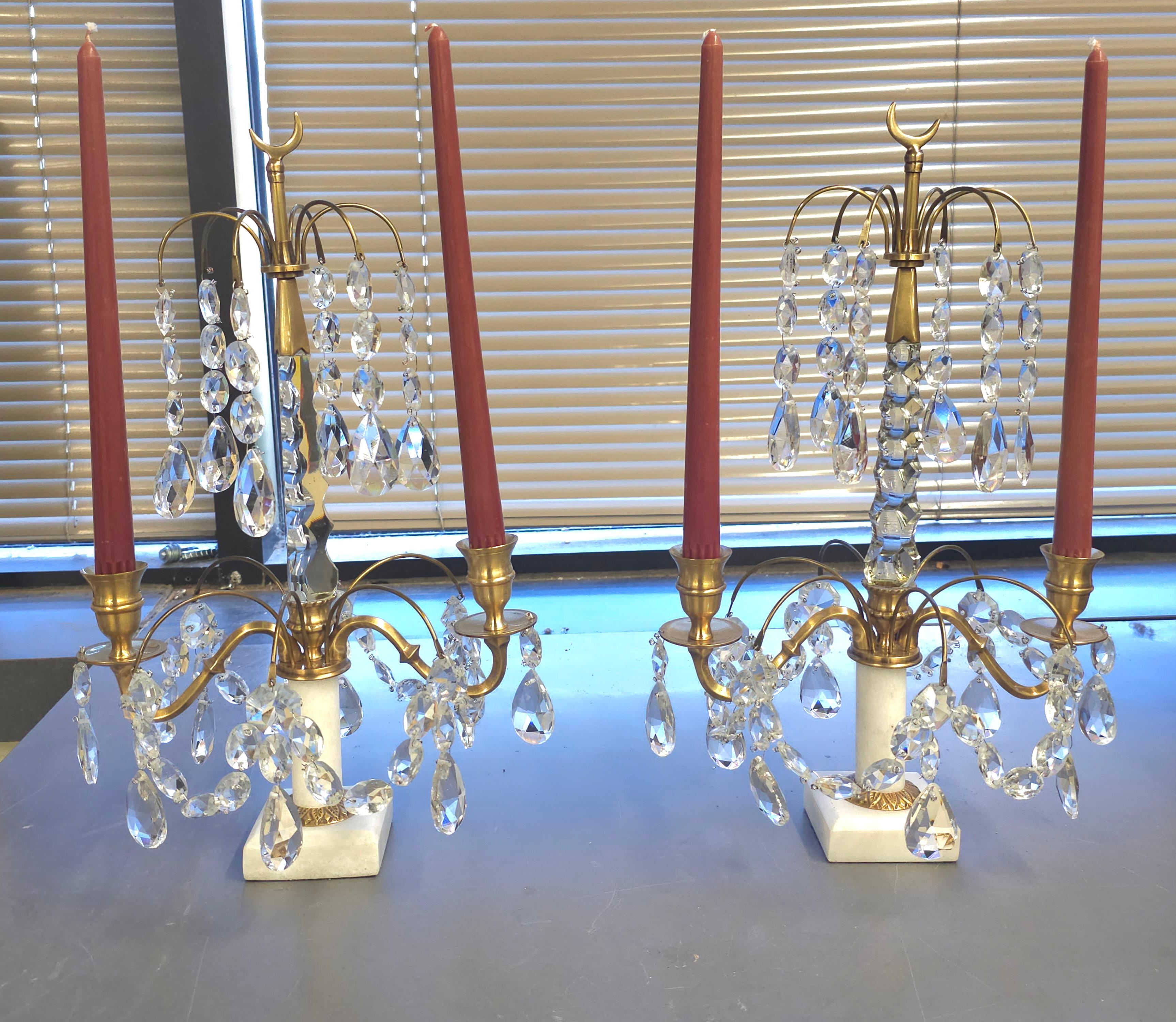 Other Pair Of Crystal And Brass Two Light Candle Table Sconces on Marble Plinth  For Sale