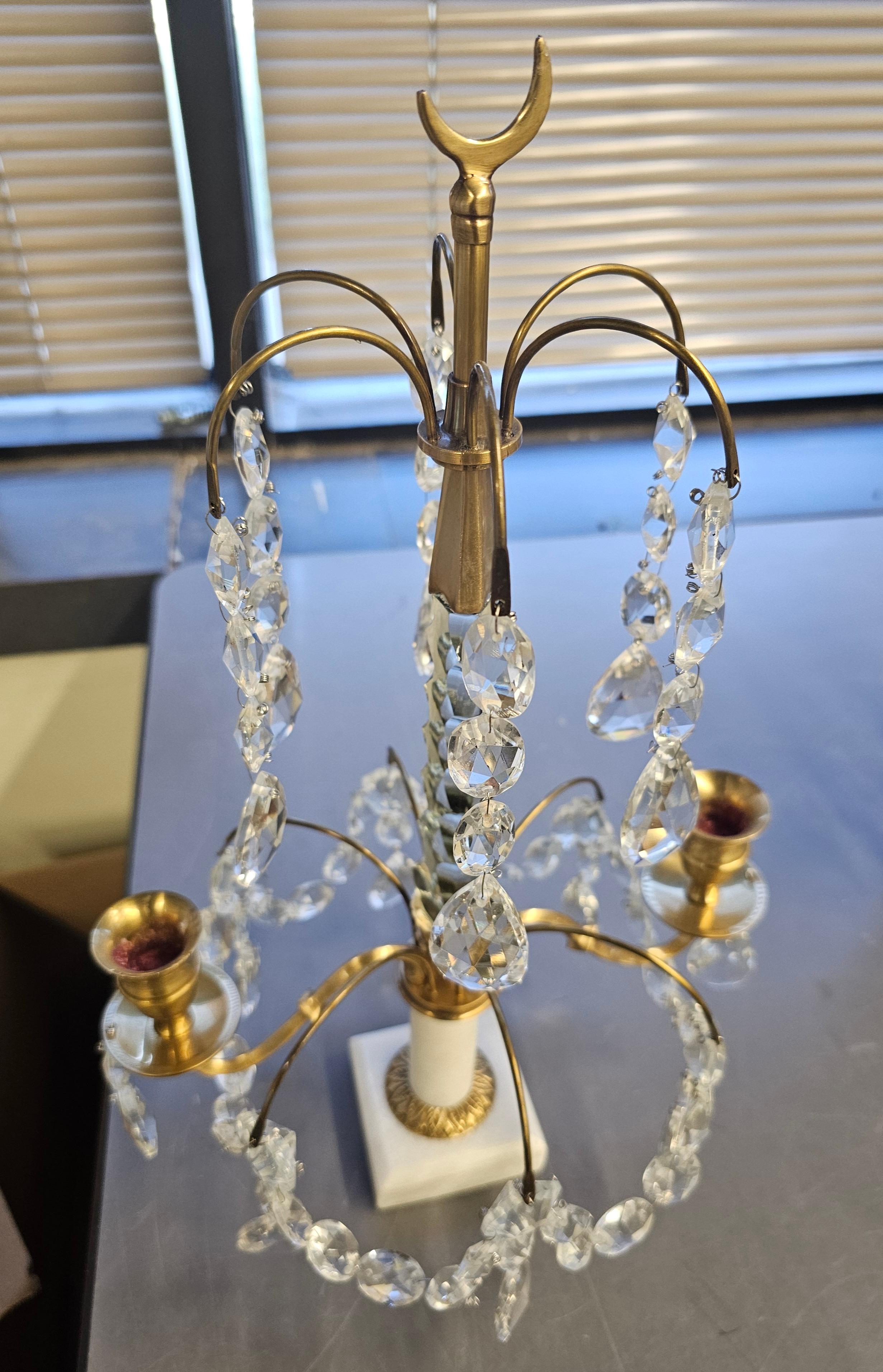 Pair Of Crystal And Brass Two Light Candle Table Sconces on Marble Plinth  In Excellent Condition For Sale In Germantown, MD