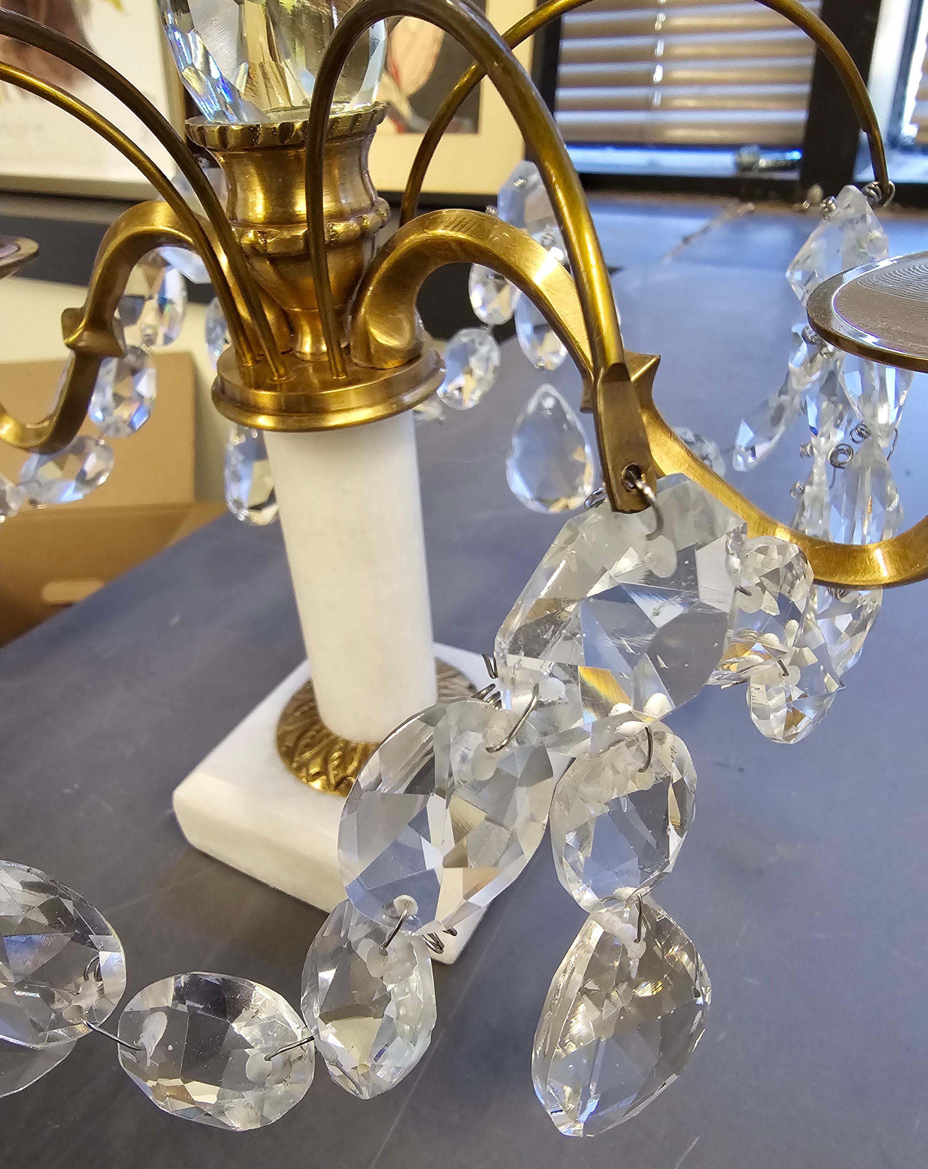 Pair Of Crystal And Brass Two Light Candle Table Sconces on Marble Plinth  For Sale 1