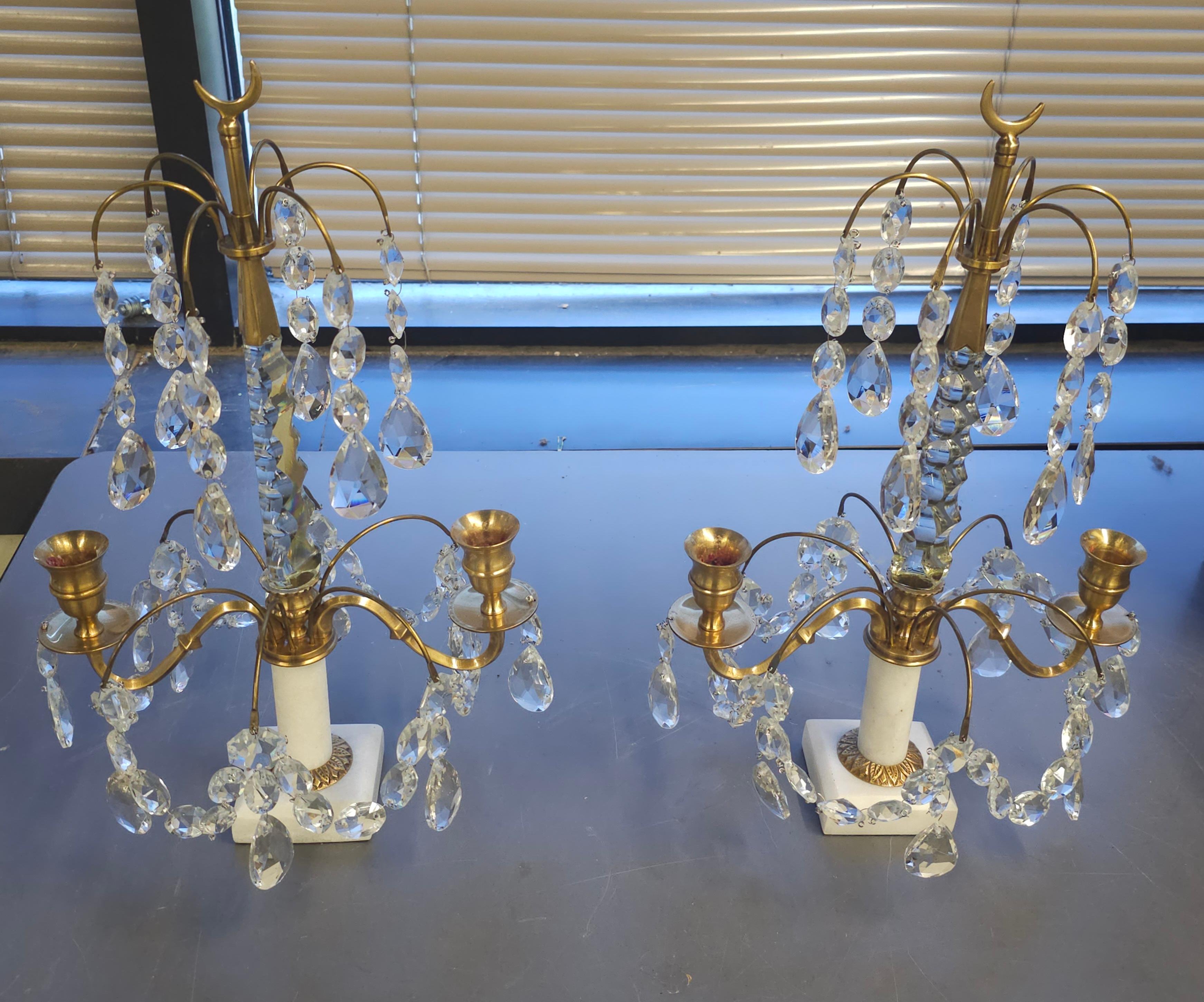 Pair Of Crystal And Brass Two Light Candle Table Sconces on Marble Plinth  For Sale 2