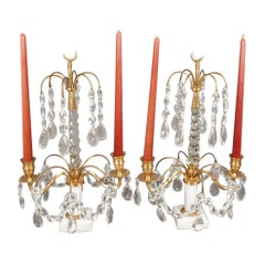Pair Of Crystal And Brass Two Light Candle Table Sconces on Marble Plinth