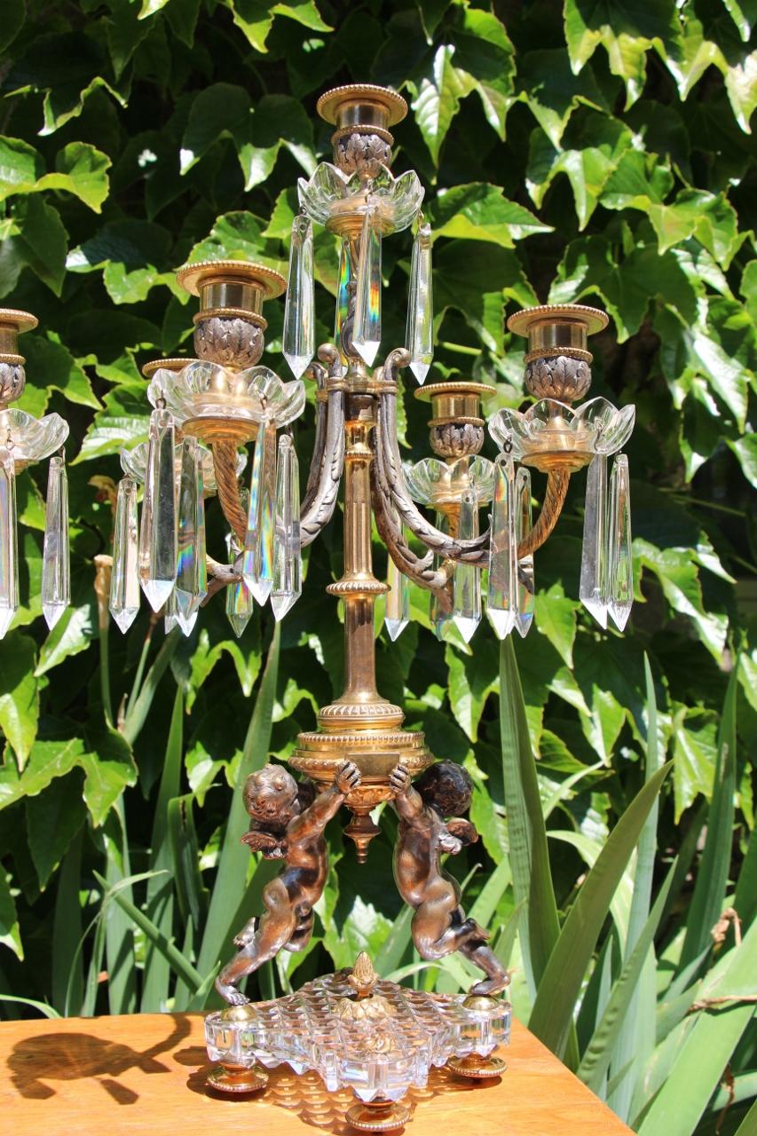 Pair Of Crystal And Bronze Candelabras From Baccarat Napoleón III en venta