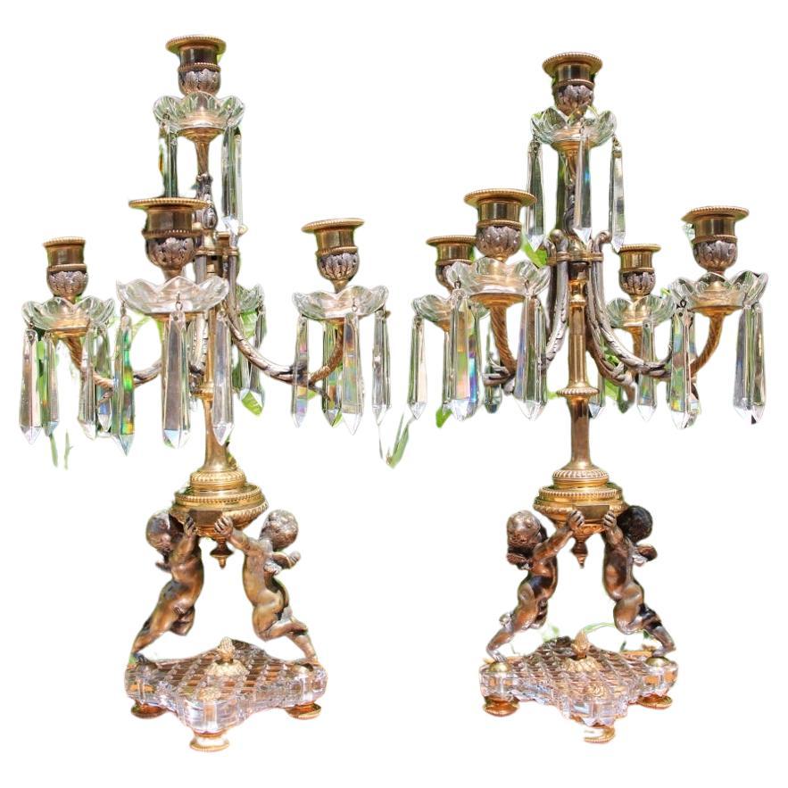 Pair Of Crystal And Bronze Candelabras From Baccarat en venta