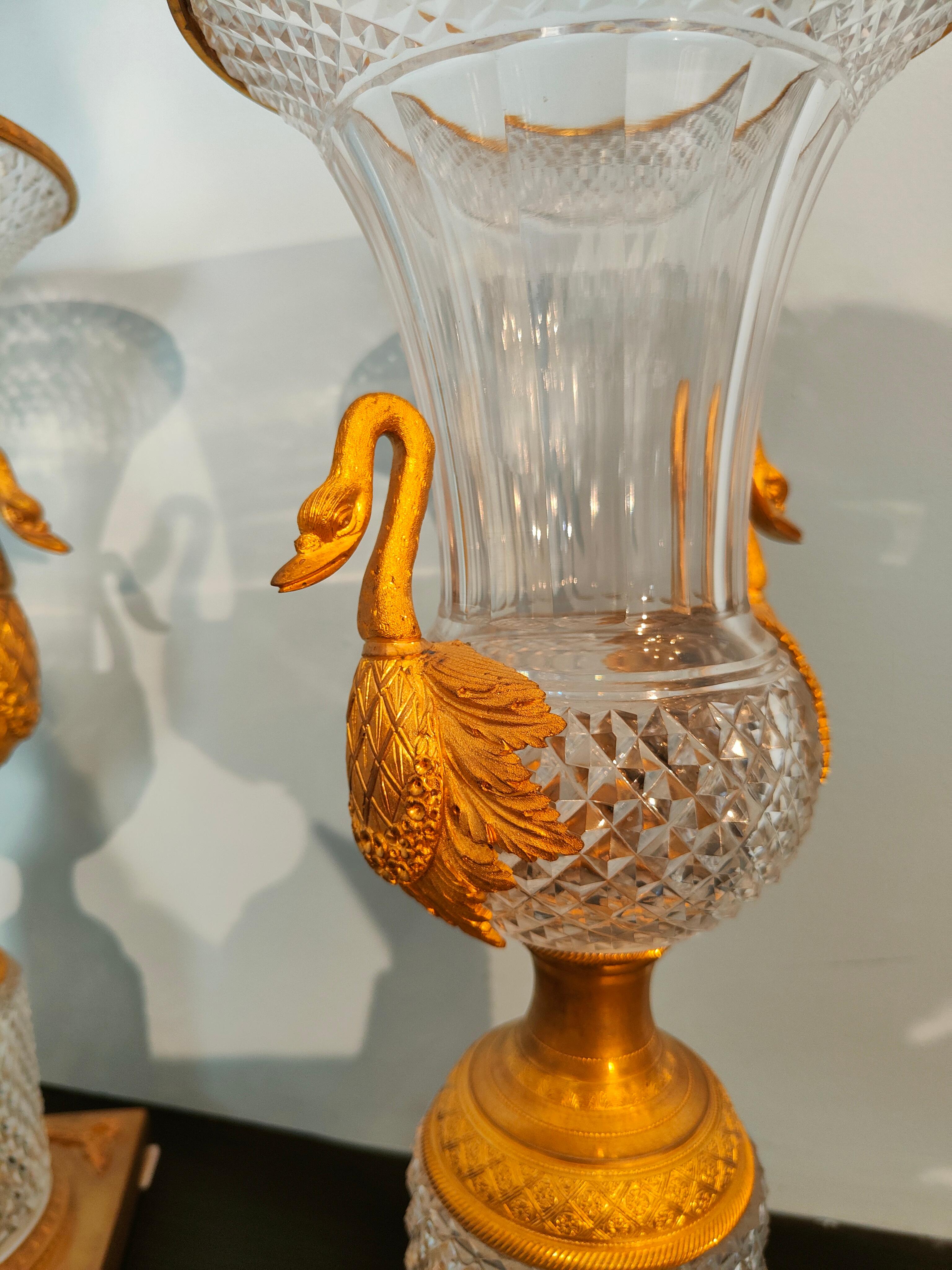 Hand-Crafted Pair of Crystal and Bronze Empire Period Vases For Sale
