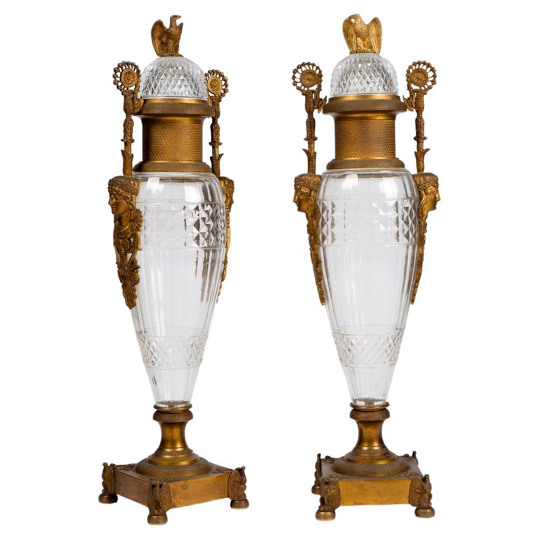 Vase aus Kristall und Bronze, Paar im Angebot