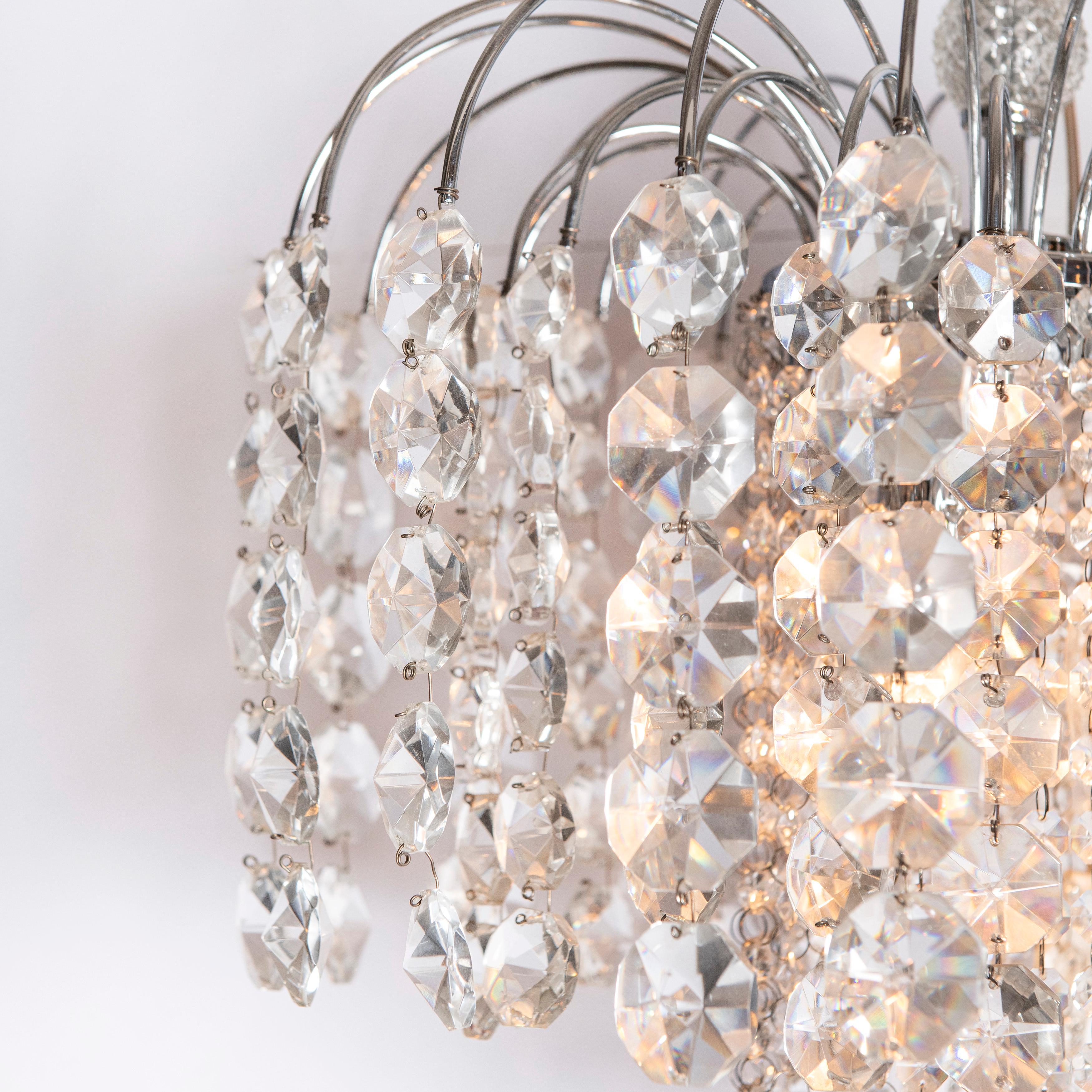 Mid-Century Modern Pair of Crystal and Chrome Chandelier, Attributed to Swarovski, Austria For Sale
