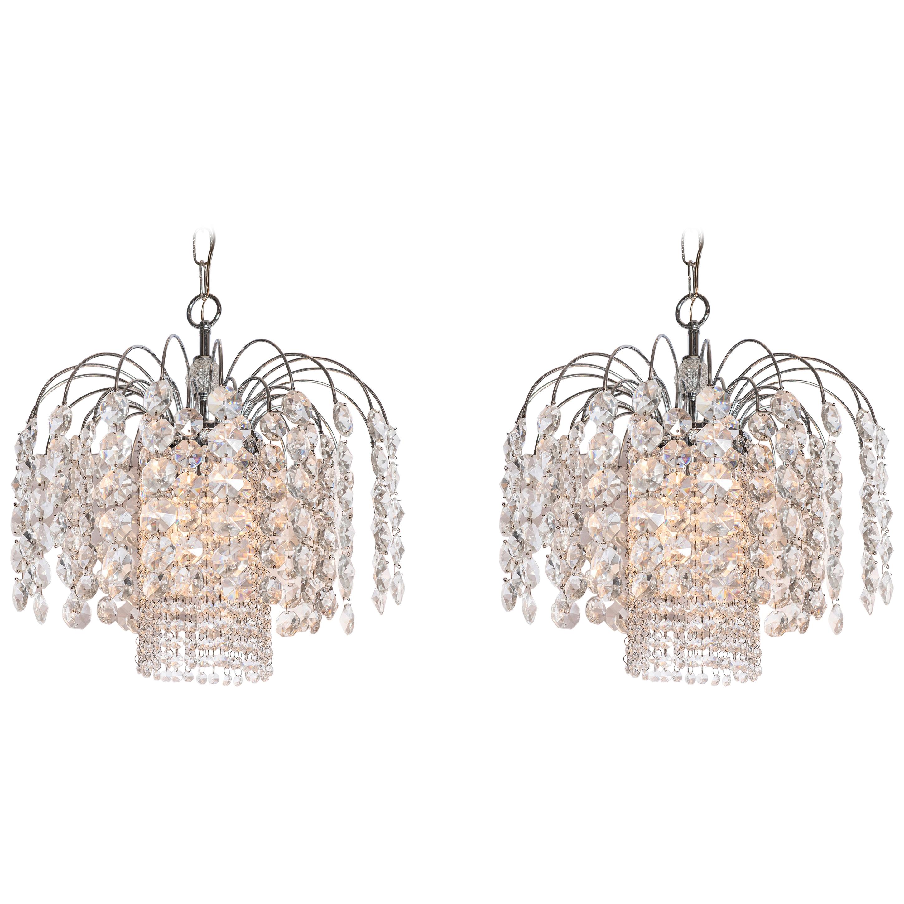 Pair of Crystal and Chrome Chandelier, Attributed to Swarovski, Austria For Sale
